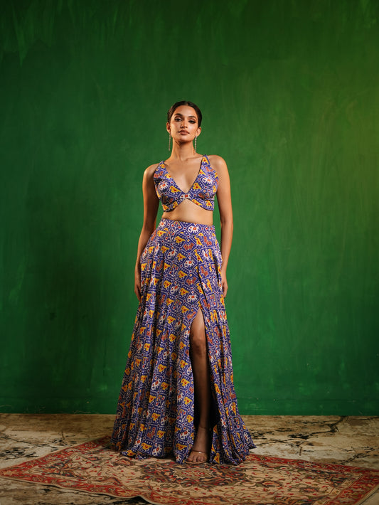 Blue Patola Printed Indo Lehenga Set (Set of 3)