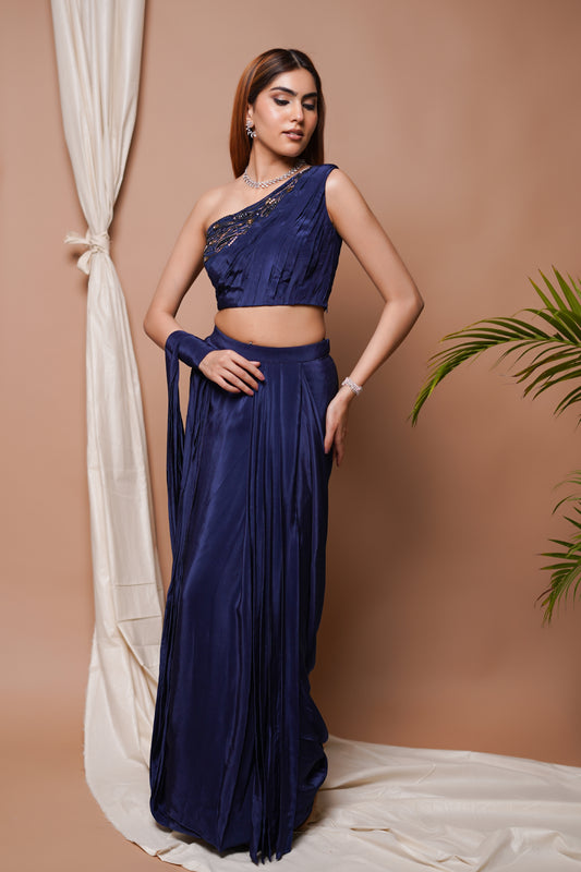 NAVY PRE-STITCHED DRAPED SAREE