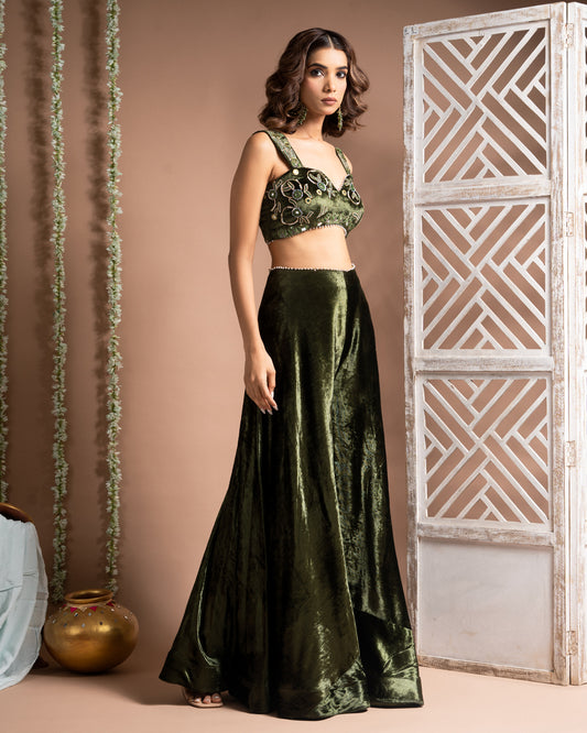 Green Velvet Indo Palazzo Set (Set of 2)