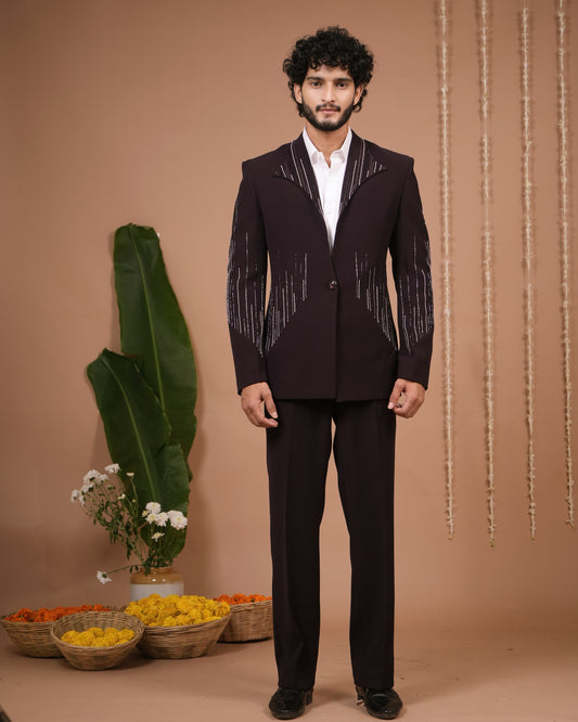 Dark Purple Coat And Pant Set (Set of 3)