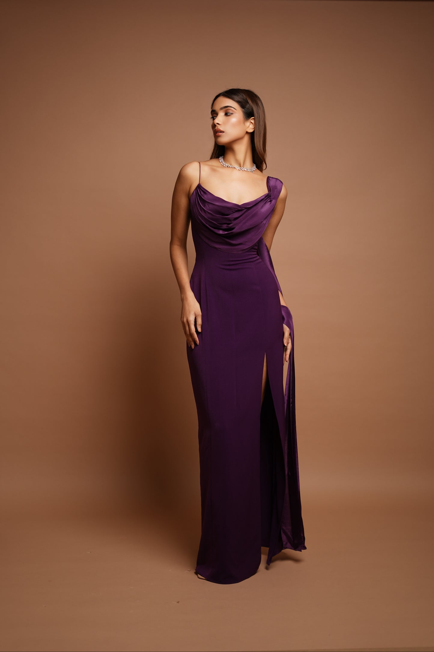 Wine Drape Cowl Long Dress