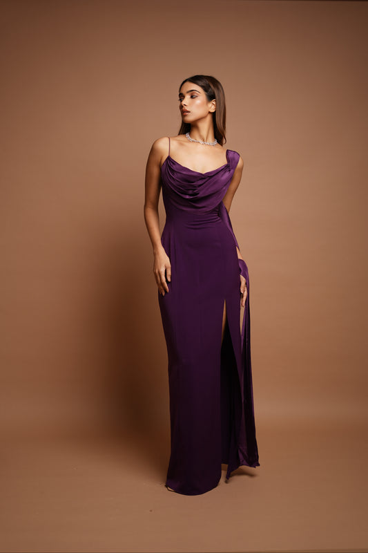 Wine Drape Cowl Long Dress