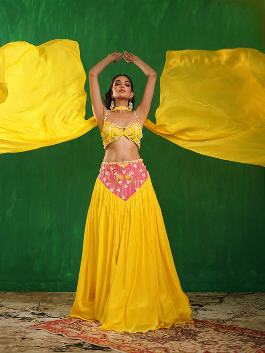 Yellow-Rose Pink Indo Lehenga Set (Set of 3)