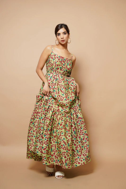 Green Block Printed Chanderi Maxi