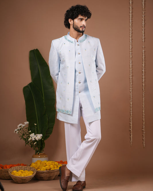 Sky Blue Open Jacket + Jodhpuri Indo Set (Set of 3)