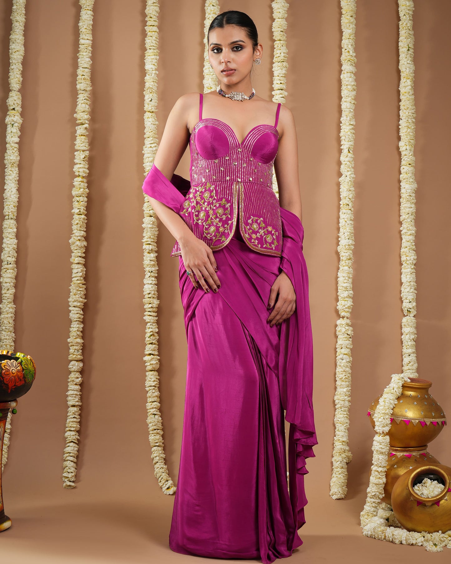 Grape Wine Long Corset Pre - Draped Saree (Set Of 2)