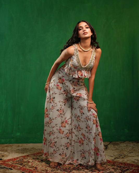 Sky Blue Floral Printed Backless Indo Set (Set of 2)