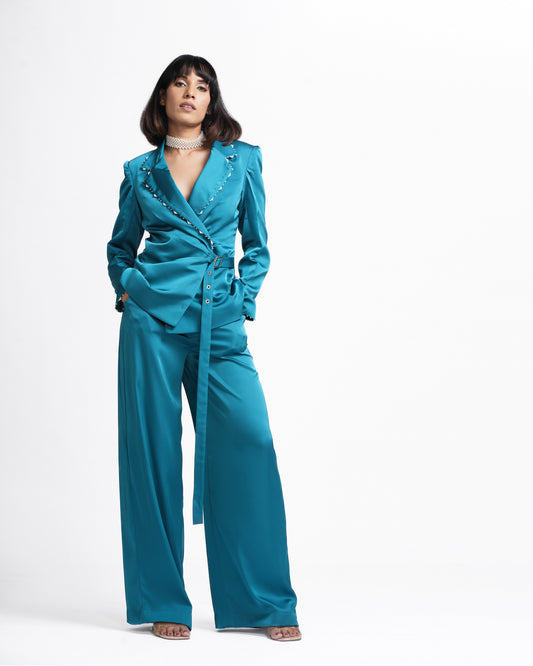 Quinn - Teal Embellished Wrap Buckle Cort and Pant Set ( Set of 2 )