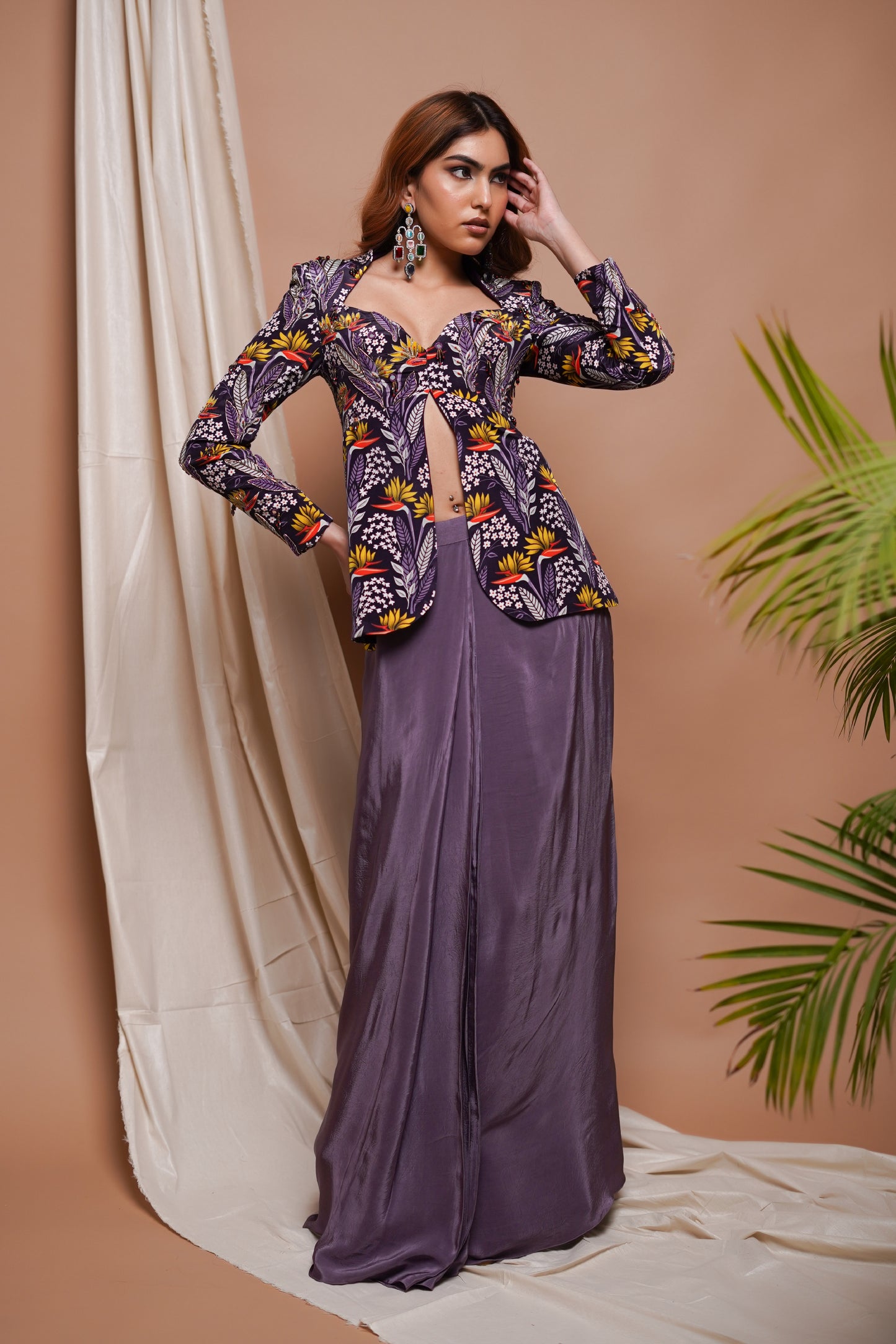 VIOLET DIGITAL PRINTED COAT AND DRAPE SKIRT SET (SET OF 2)