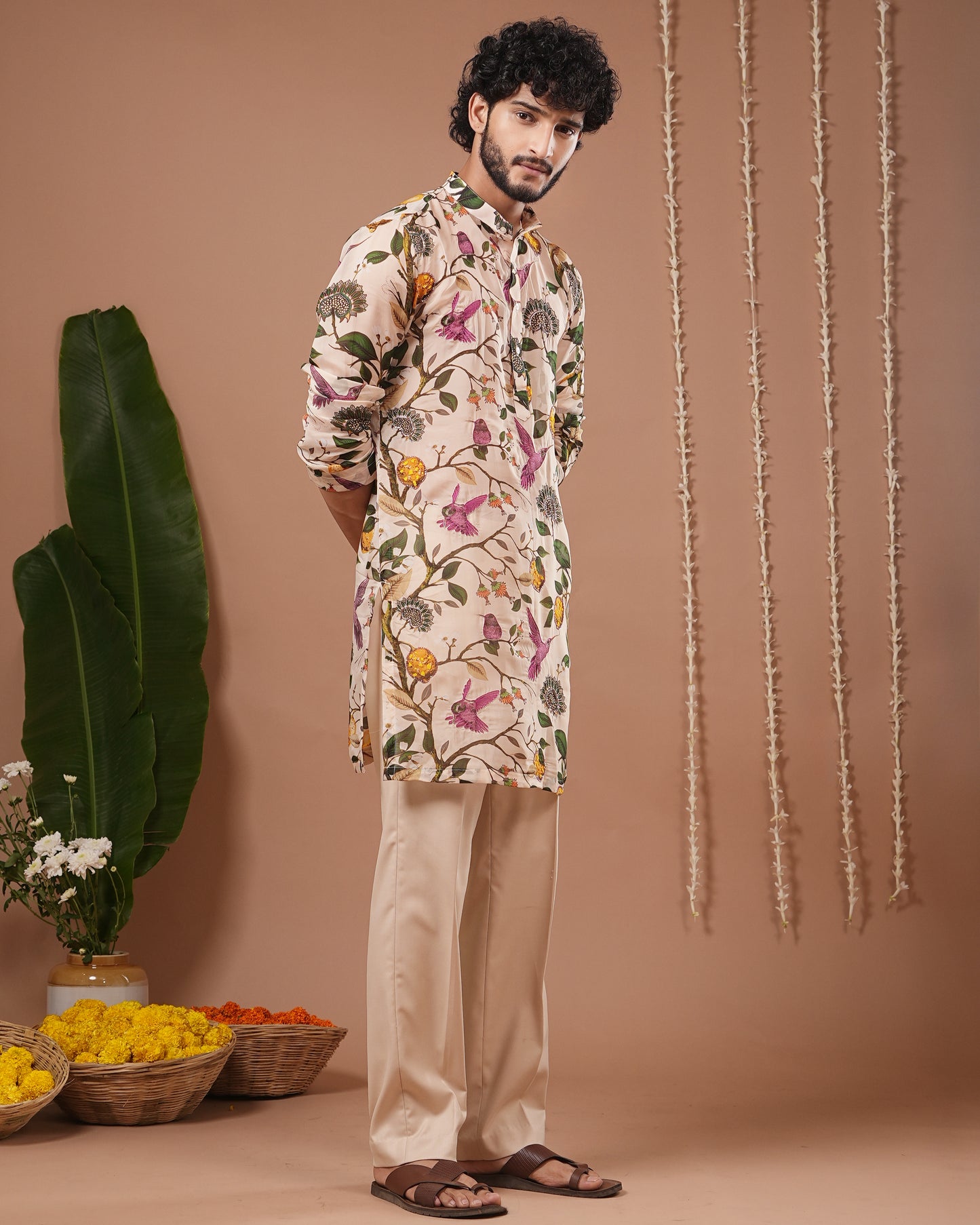 Cream Lemon Printed Organza Kurta + Pant Set (Set of 2)