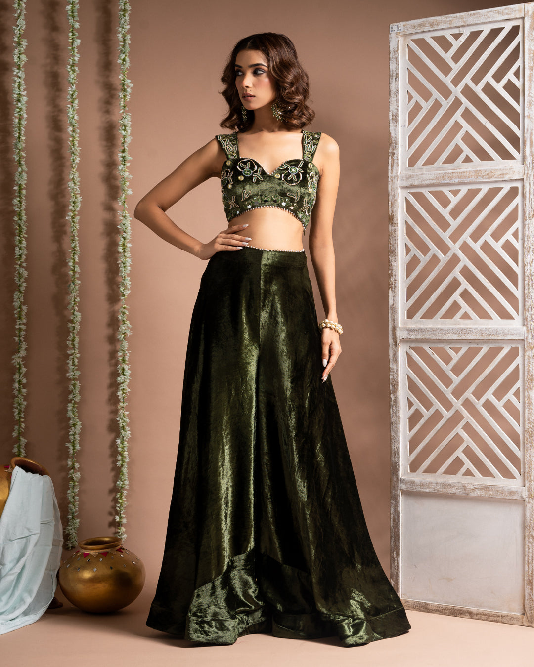 Green Velvet Indo Palazzo Set (Set of 2)