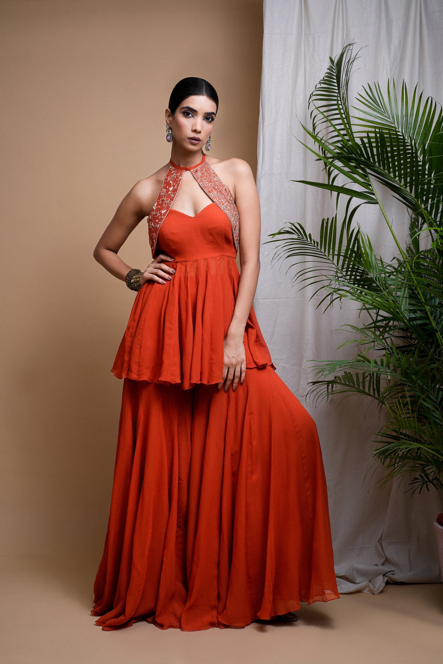 RUST ORANGE INDO ANARKALI SUIT SET (SET OF 3)