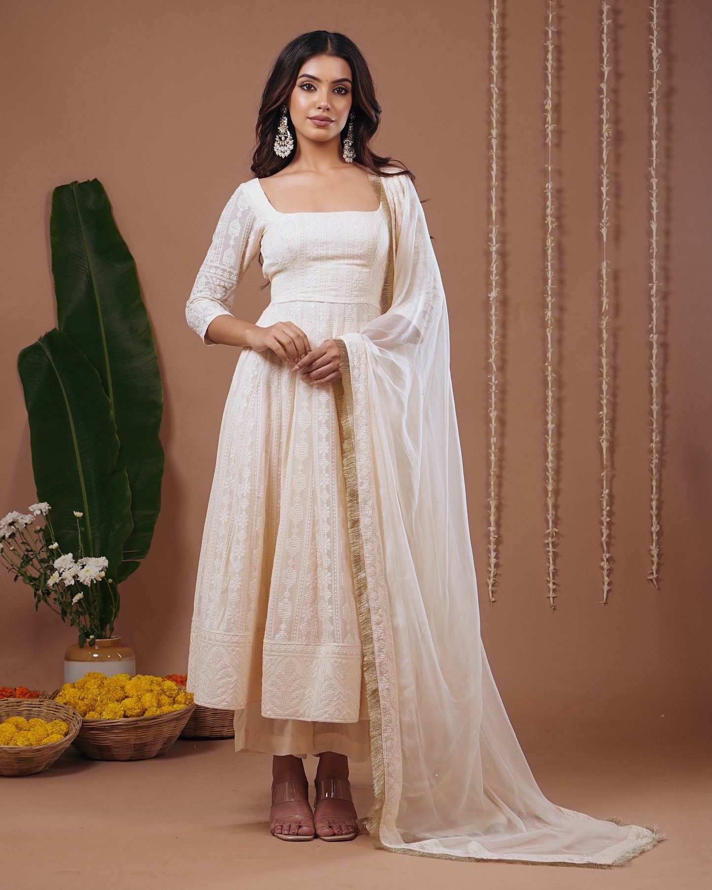 Ivory Chikankari Anarkali Suit Set (Set of 3)