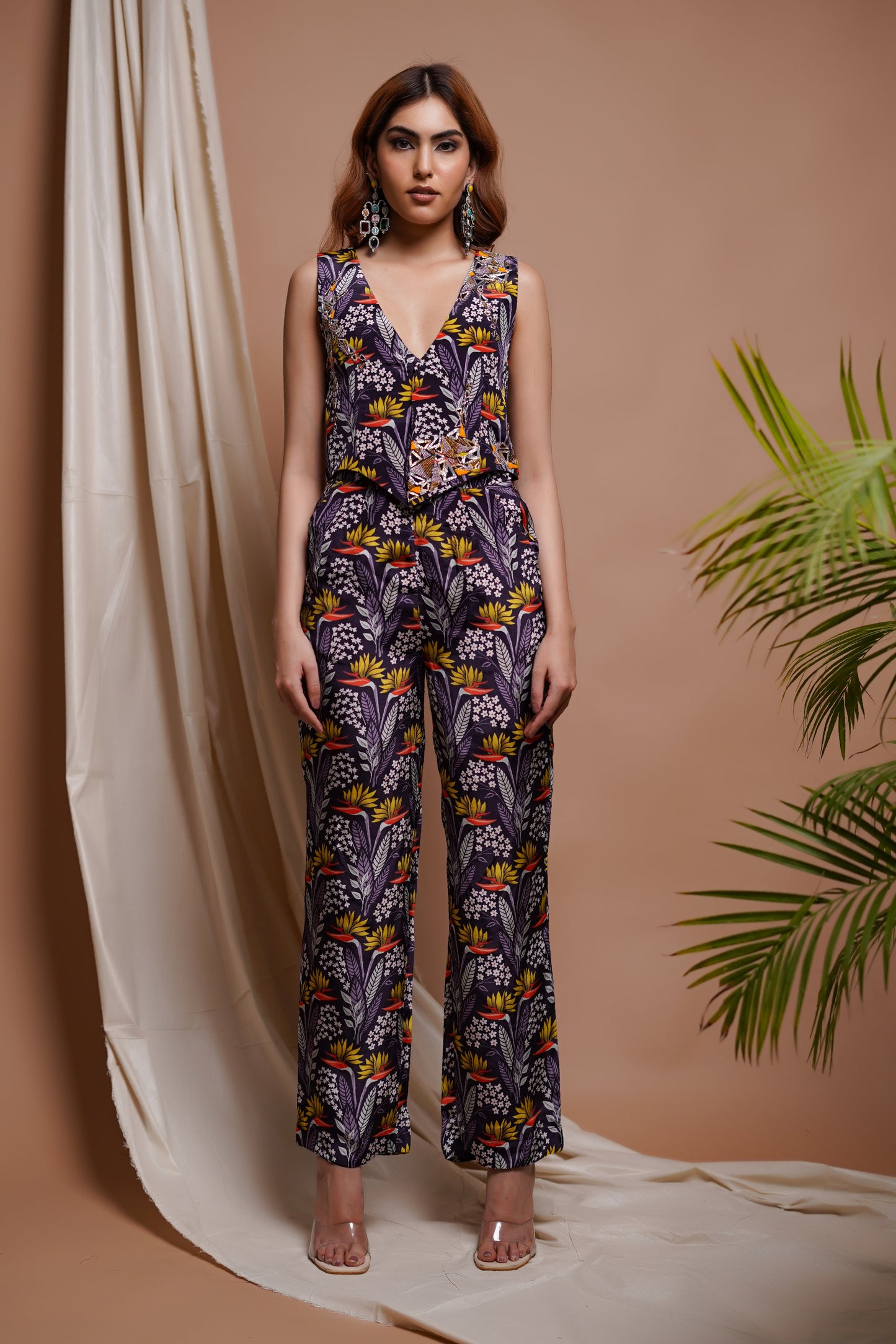VIOLET PRINTED VEST COAT AND PANT/PALAZZO SET (SET OF 2)