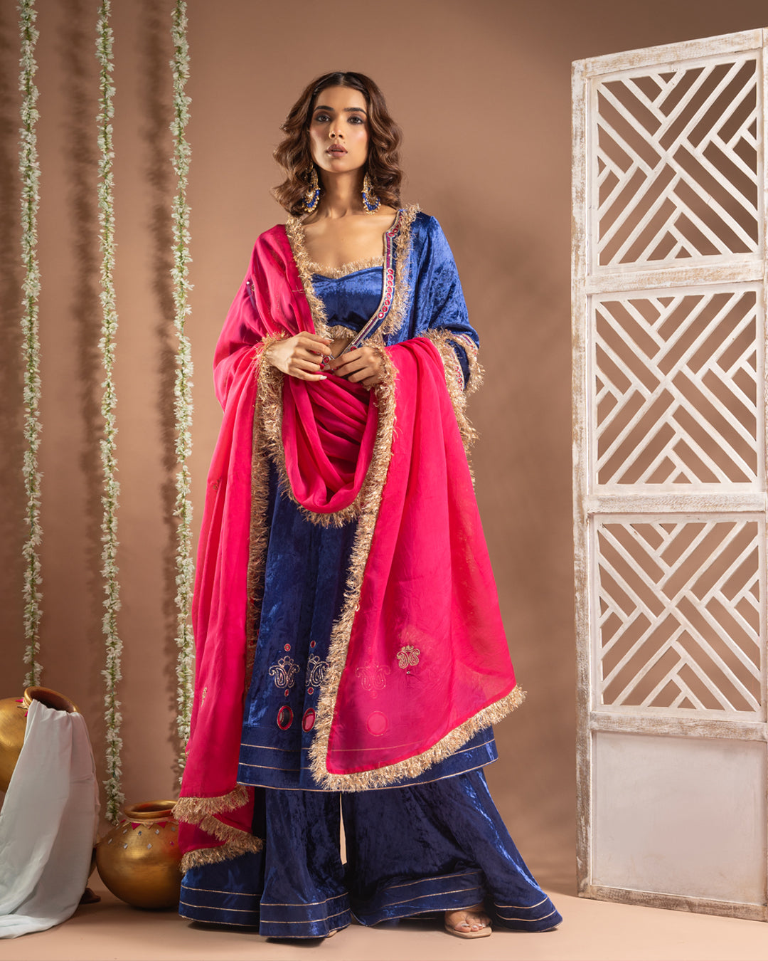 Royal Blue Velvet Anarkali Suit Set (Set of 4)