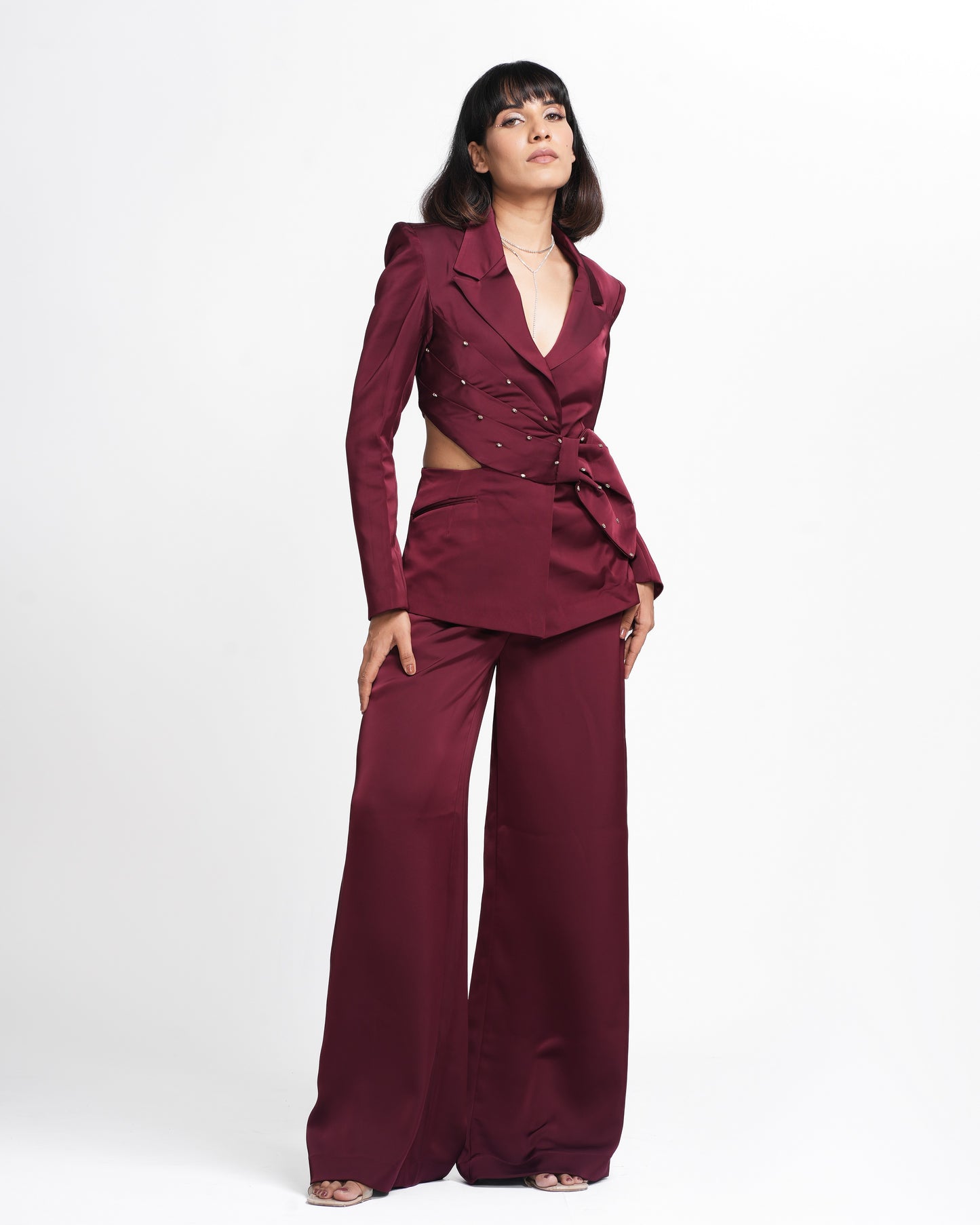 Miranda - Claret Maroon Embellished Coat and Pant Set ( Set of 2 )