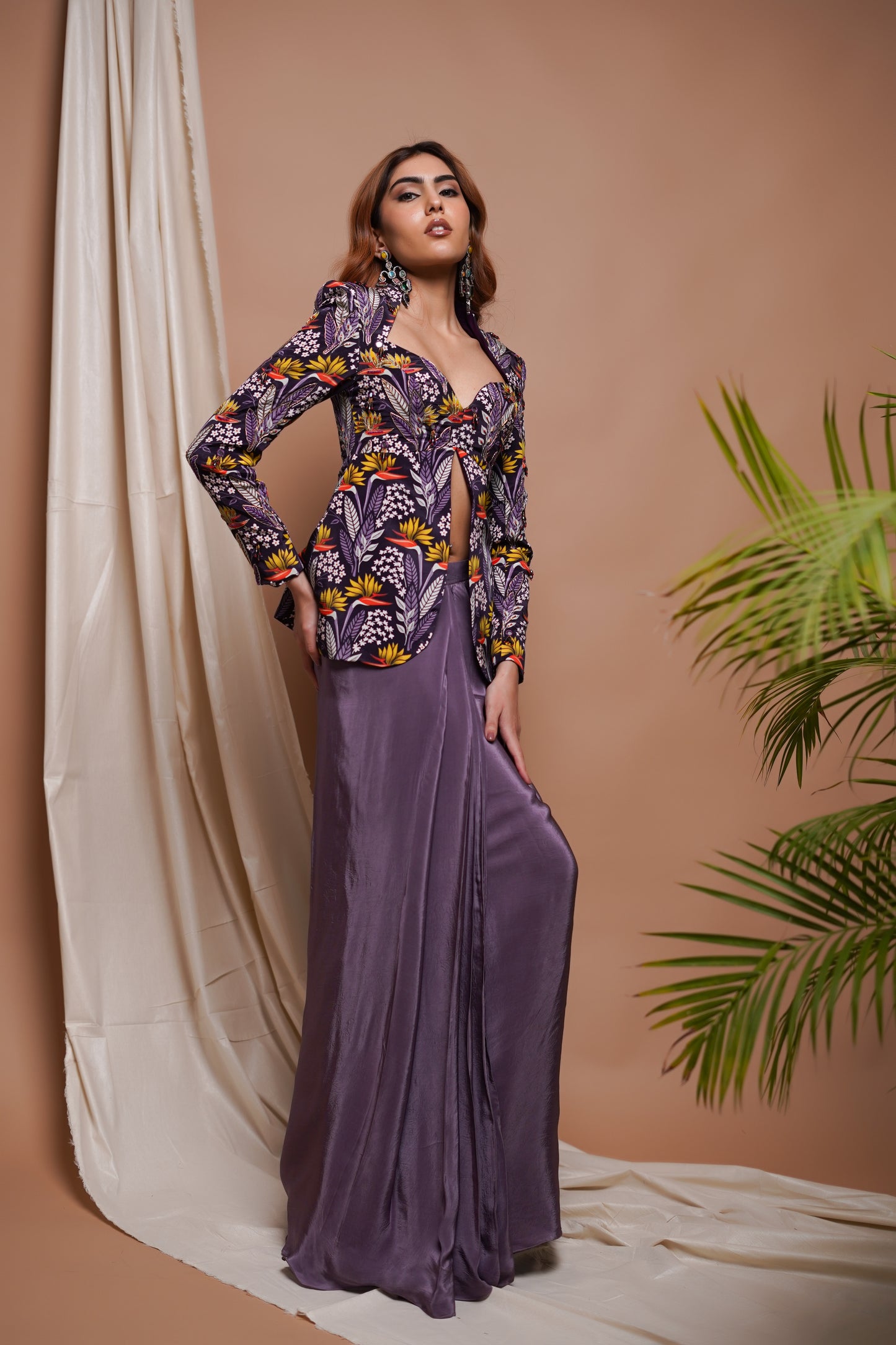 VIOLET DIGITAL PRINTED COAT AND DRAPE SKIRT SET (SET OF 2)