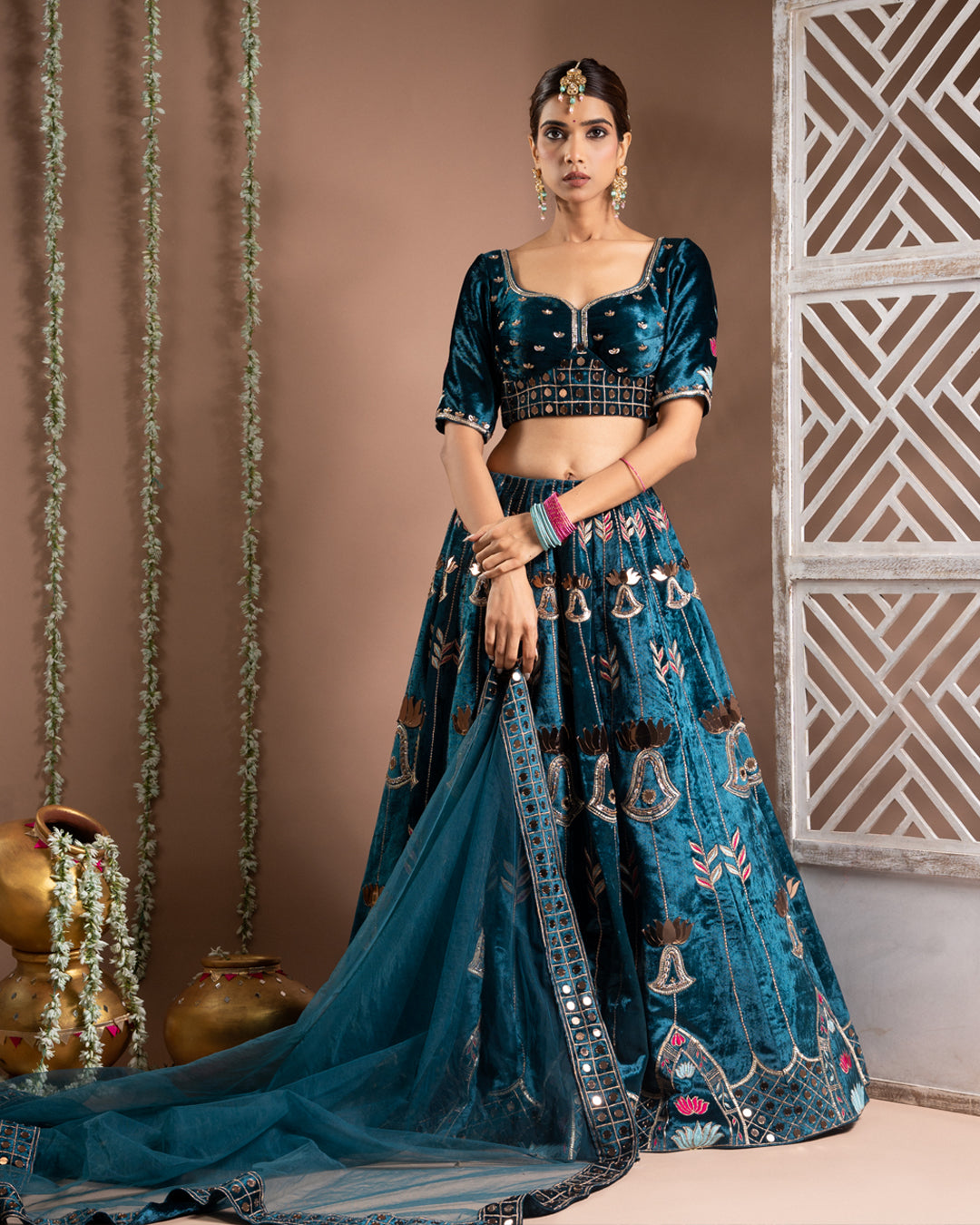 Teal Heavy Velvet Lehenga Set (Set of 3)