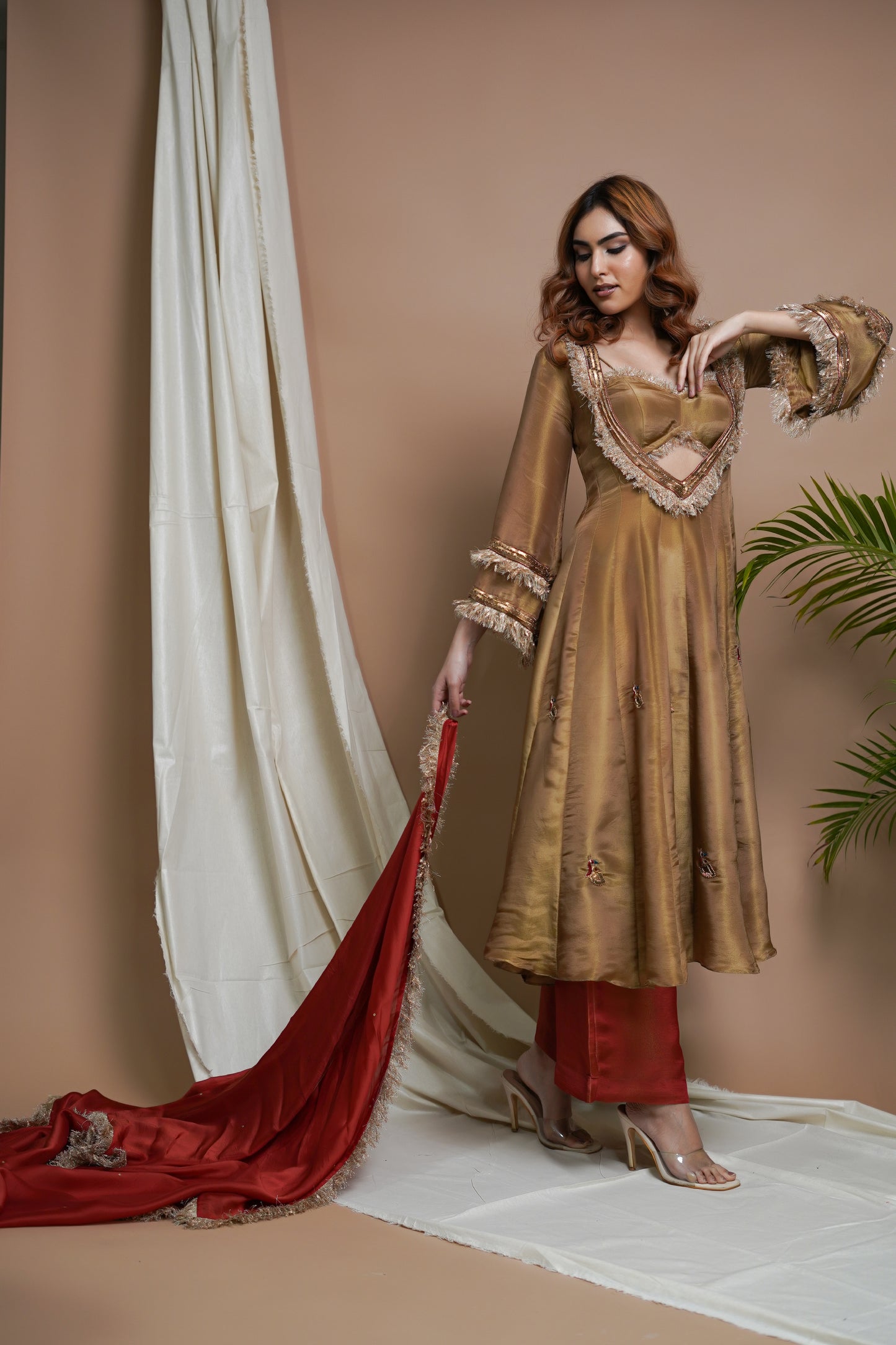GOLDEN TISSUE SILK ANARKALI SUIT SET (SET OF 4)