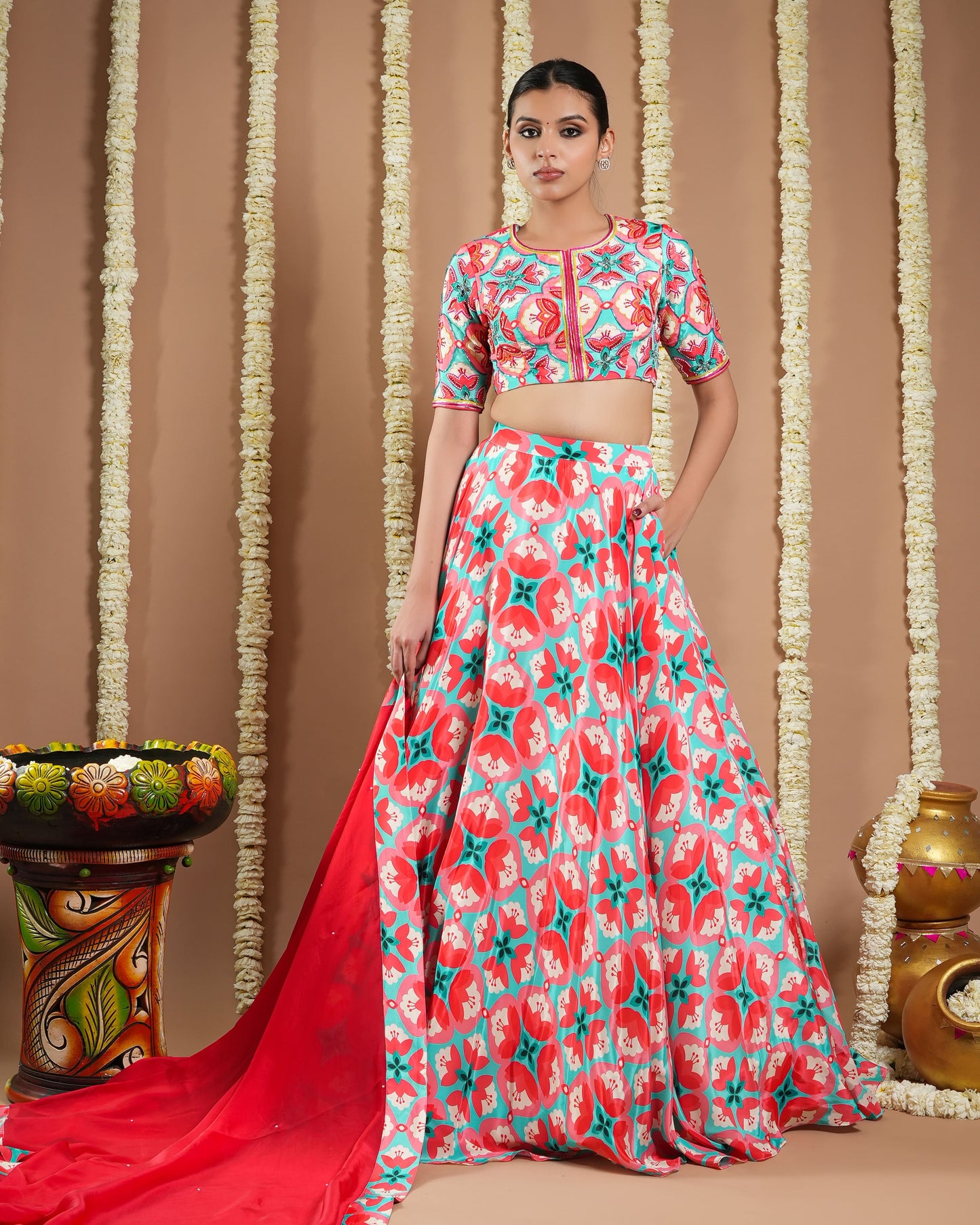 Red Tile Printed Heavy Lehenga Set (Set Of 3)