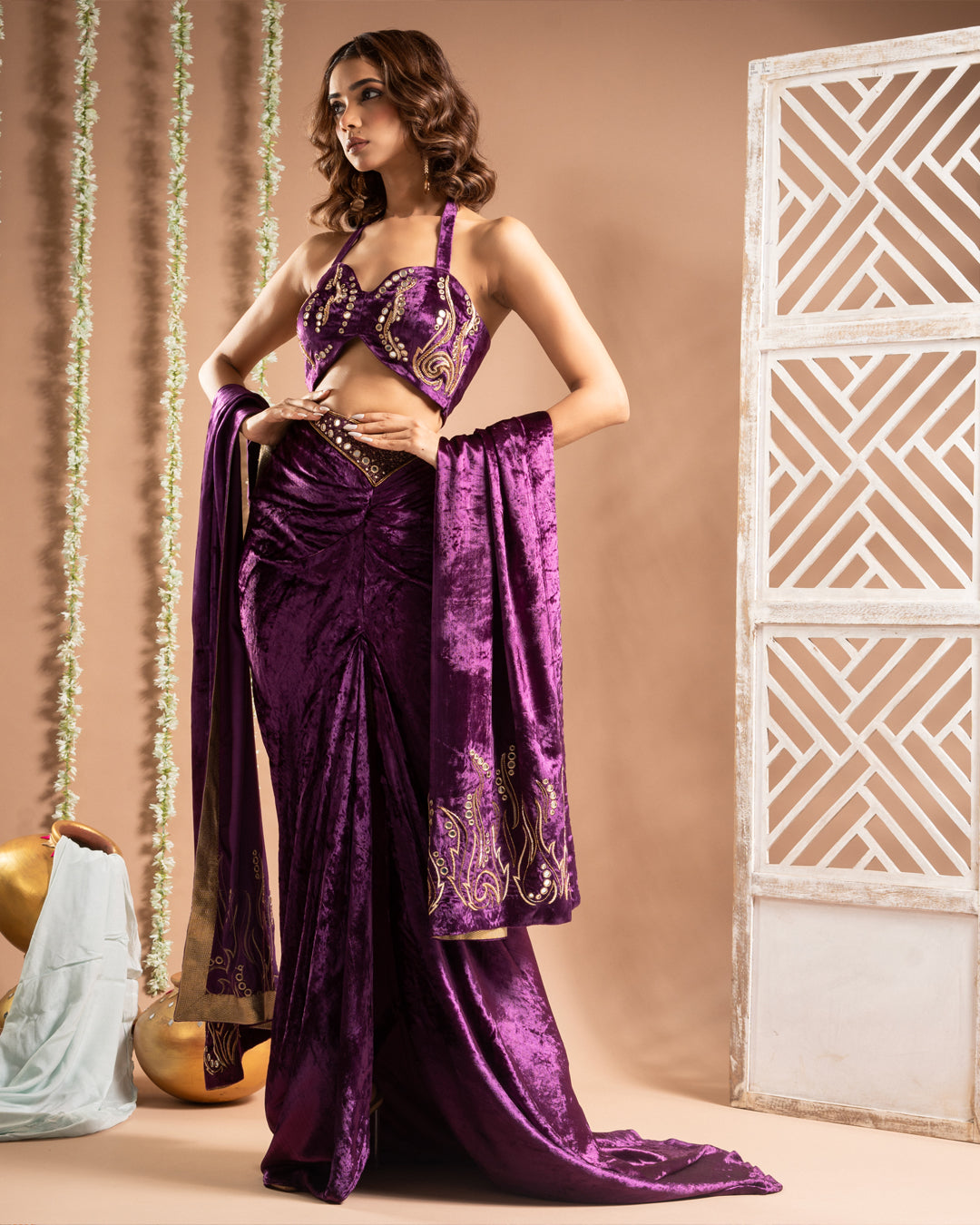 Purple Velvet Indo Drape Set (Set of 3)