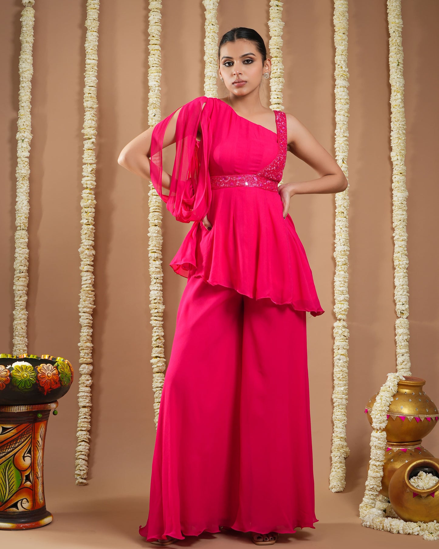 Hot Pink Georgette Short a-Line Kurti With Belt (Set Of 3)