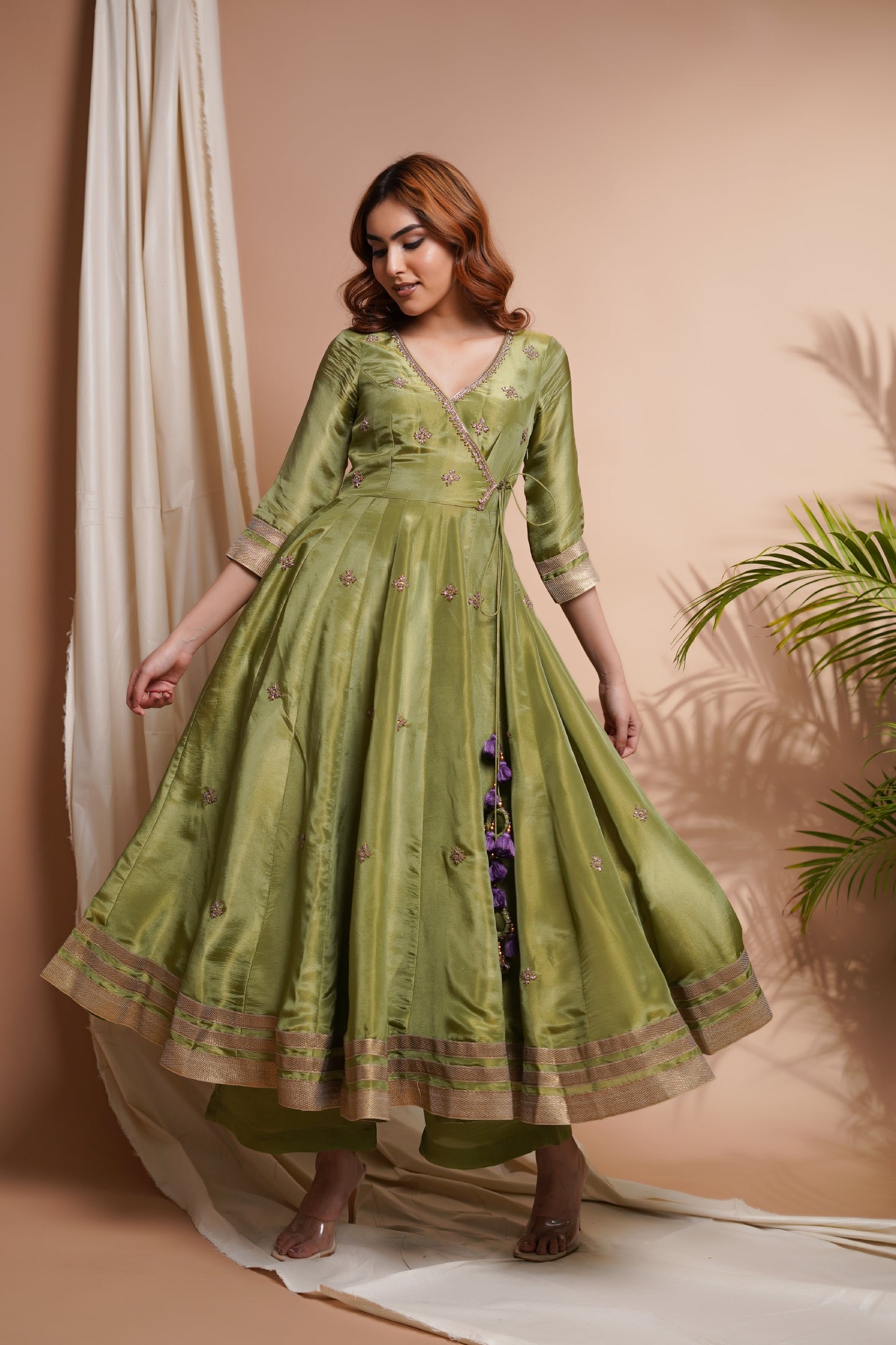 GREEN PURPLE TISSUE SILK ANGRAKHA ANARKALI SET (SET OF 3)