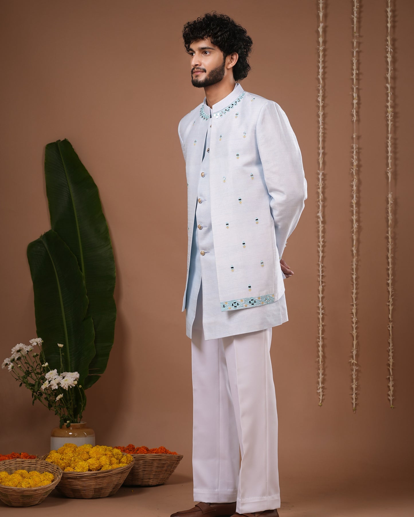 Sky Blue Open Jacket + Jodhpuri Indo Set (Set of 3)