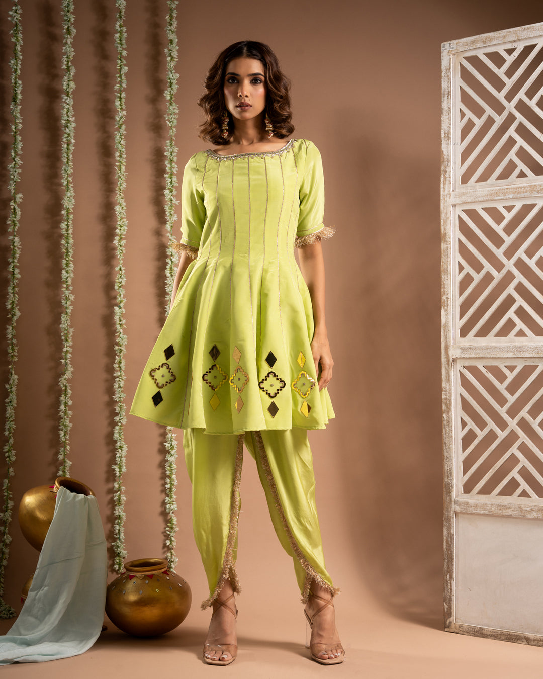 Green Short Anarkali-Tulip Salwar Set (Set of 3)