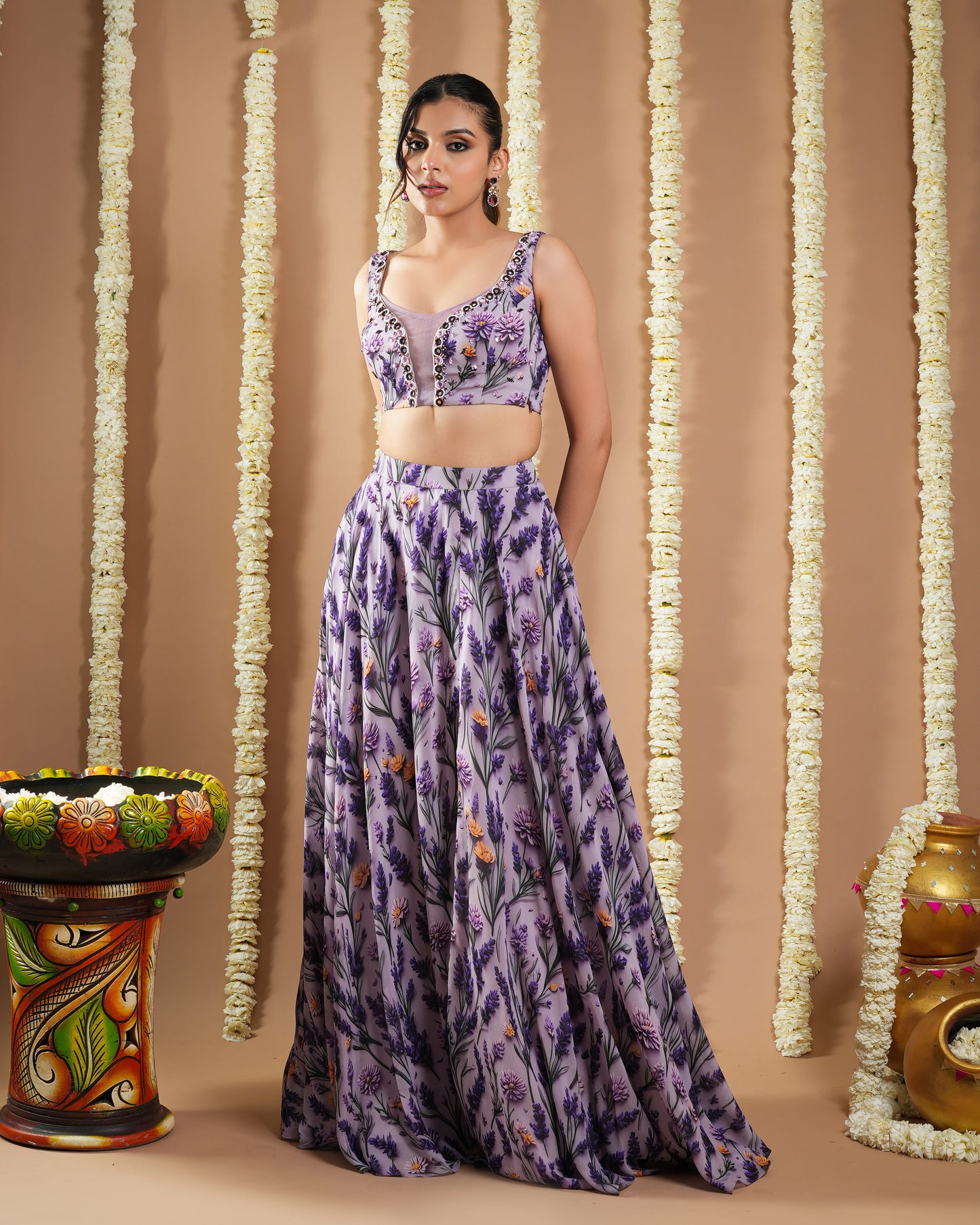 Violet-Lilac Printed Indo Lehenga Set (Set Of 2)