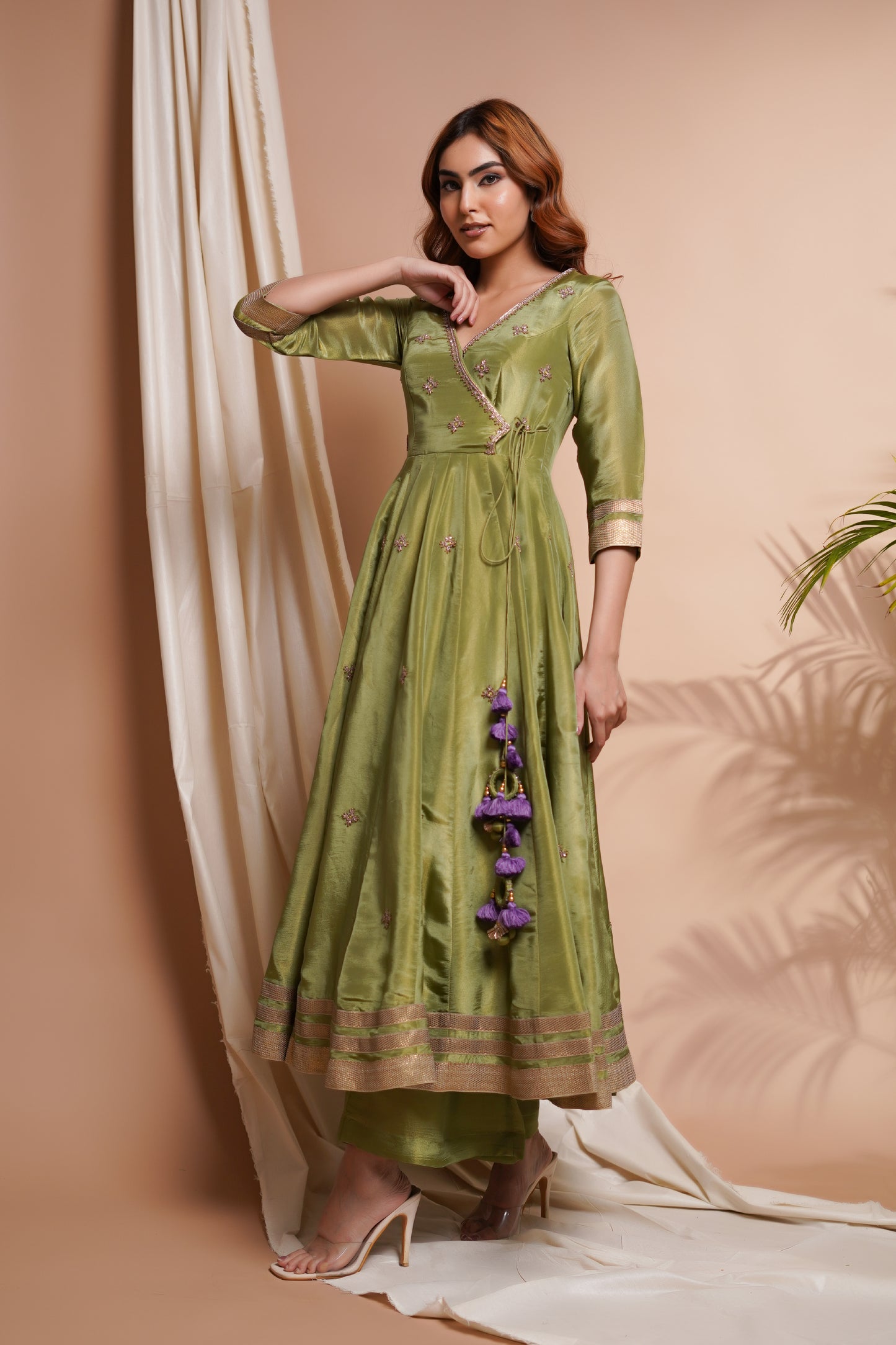 GREEN PURPLE TISSUE SILK ANGRAKHA ANARKALI SET (SET OF 3)