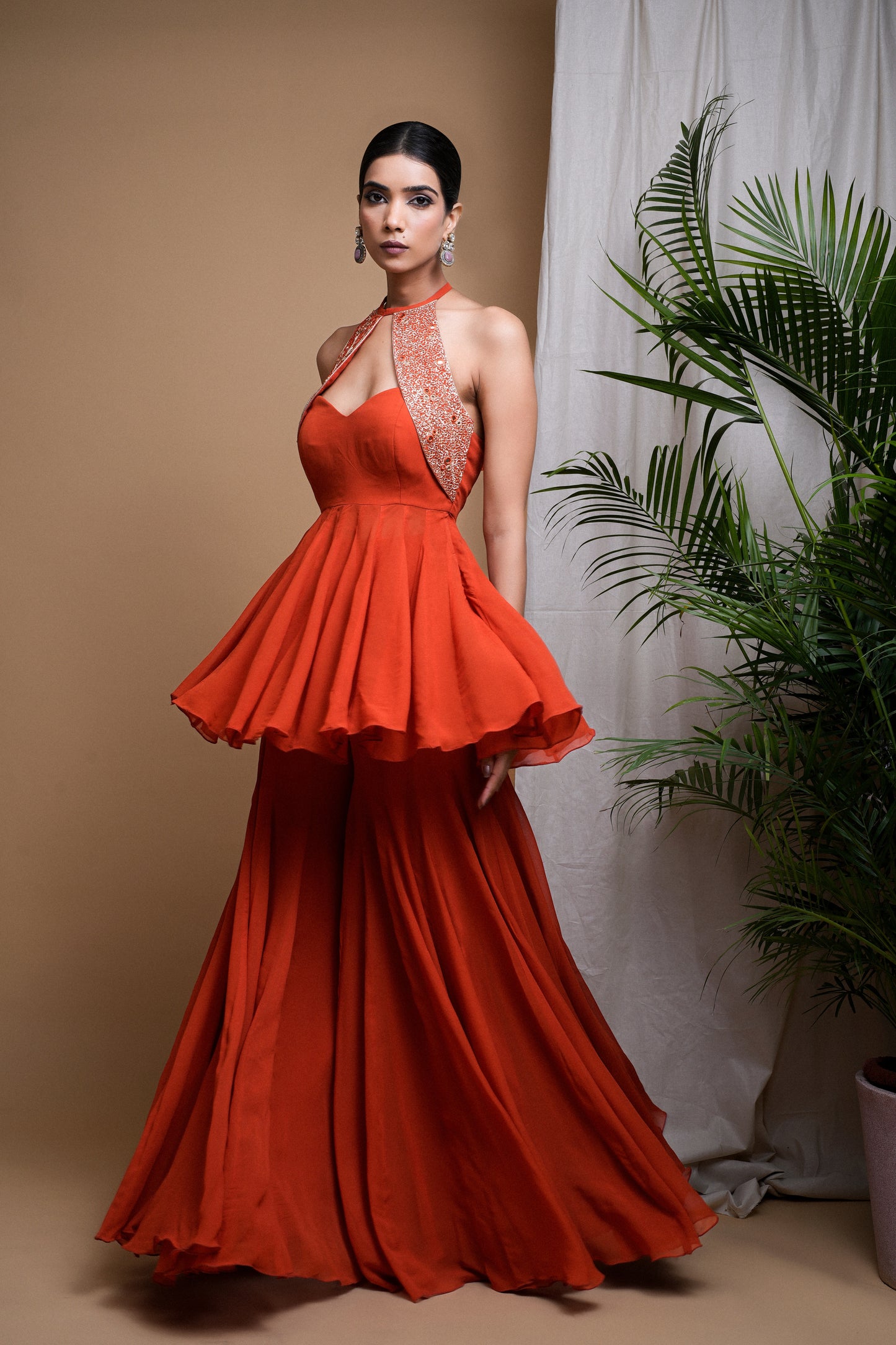 RUST ORANGE INDO ANARKALI SUIT SET (SET OF 3)