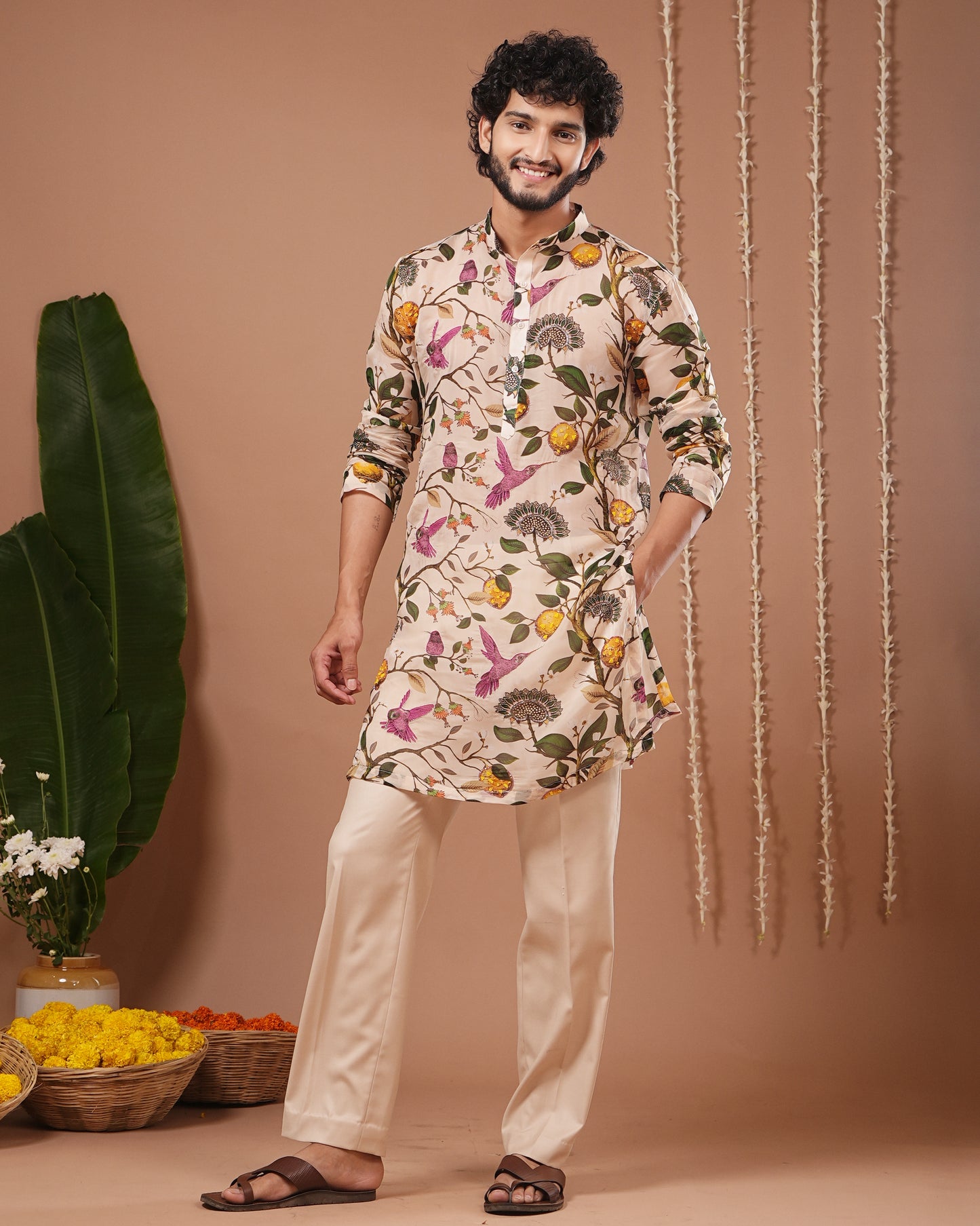 Cream Lemon Printed Organza Kurta + Pant Set (Set of 2)