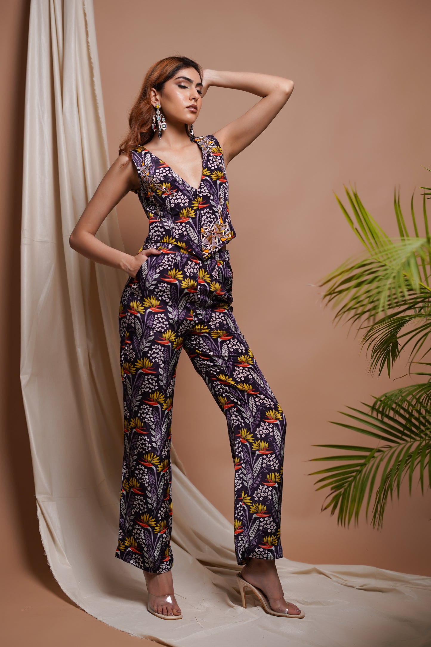 VIOLET PRINTED VEST COAT AND PANT/PALAZZO SET (SET OF 2)