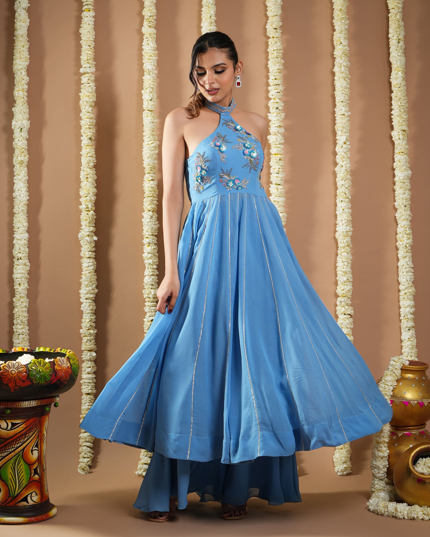 Blue Georgette Halter Neck Anarkali Set (Set Of 3)