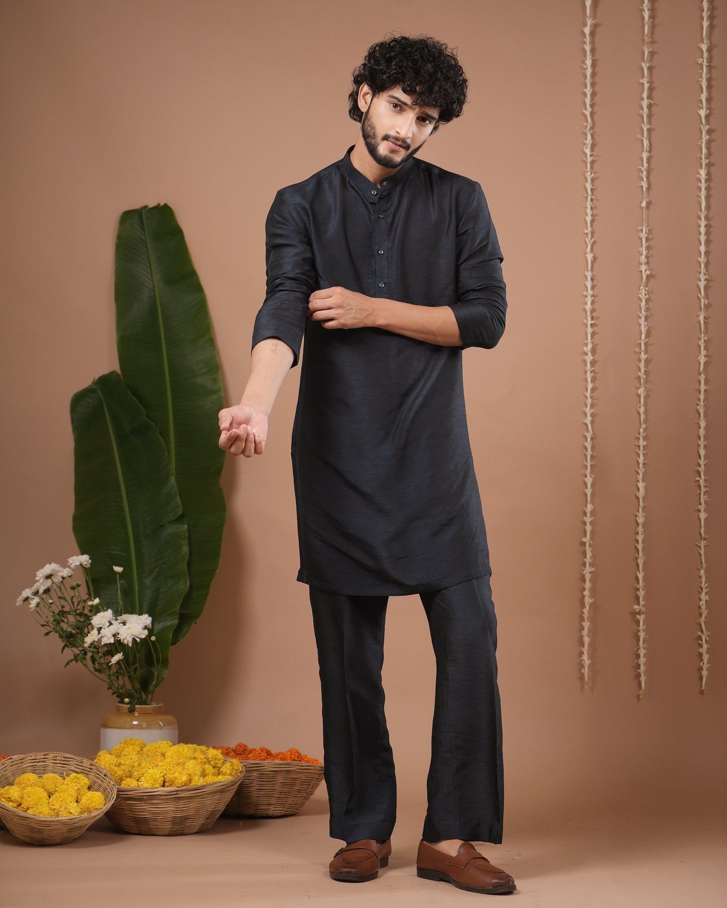 Navy Blue Digital Print Nehru Jacket + Kurta Pyjama Set (Set of 3)