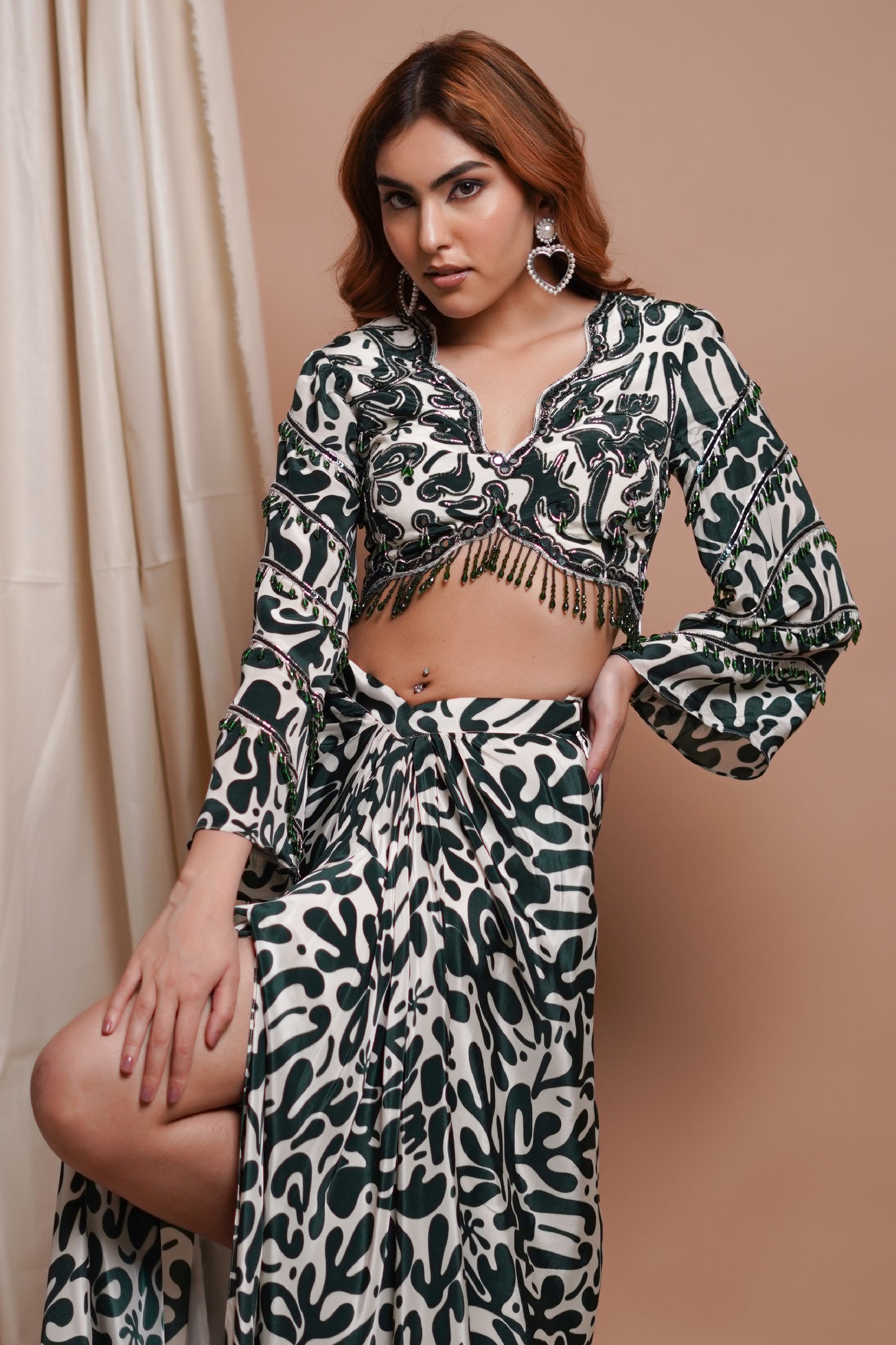 WHITE-GREEN DIGITAL PRINTED DRAPE SKIRT SET (SET OF 2)