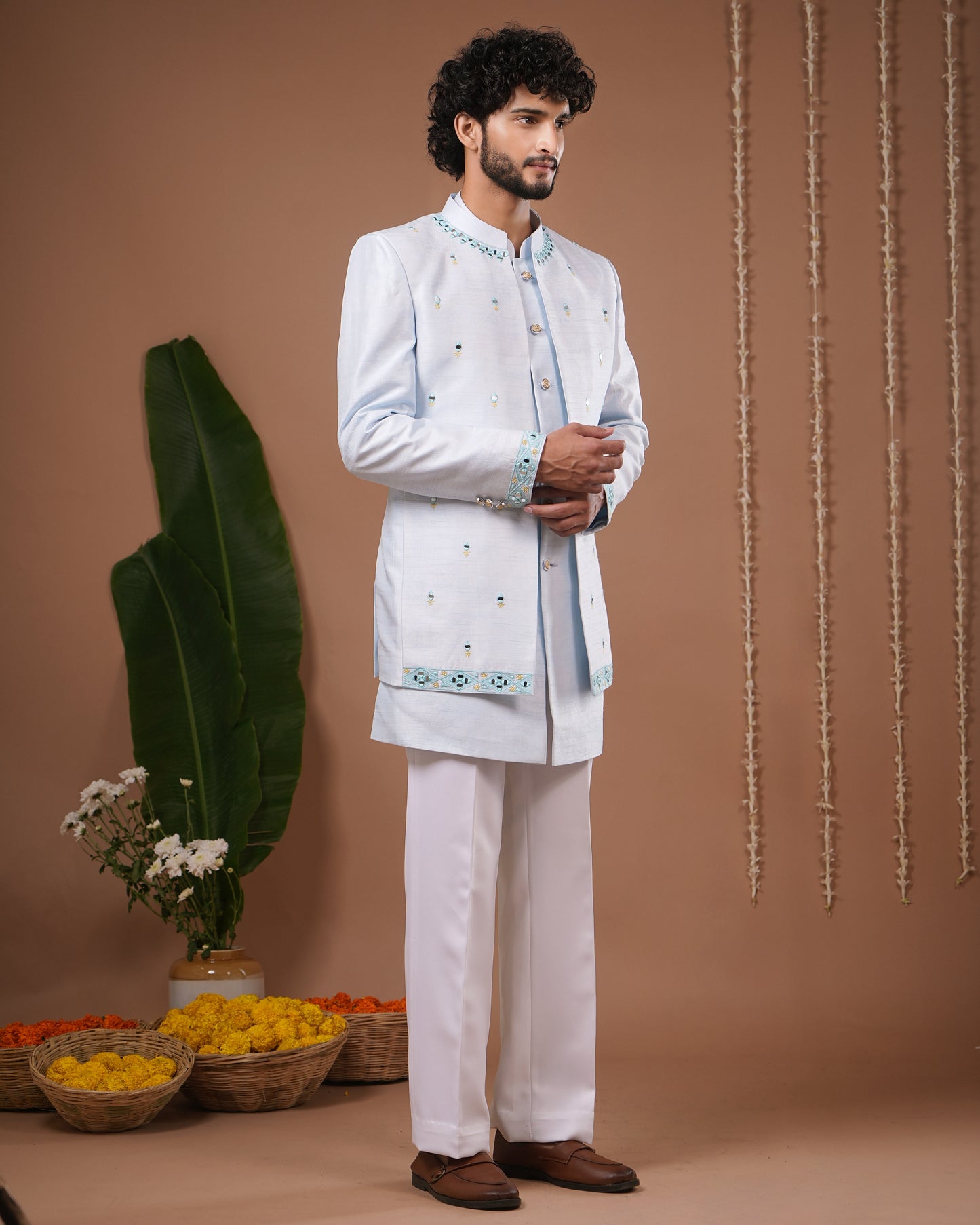 Sky Blue Open Jacket + Jodhpuri Indo Set (Set of 3)