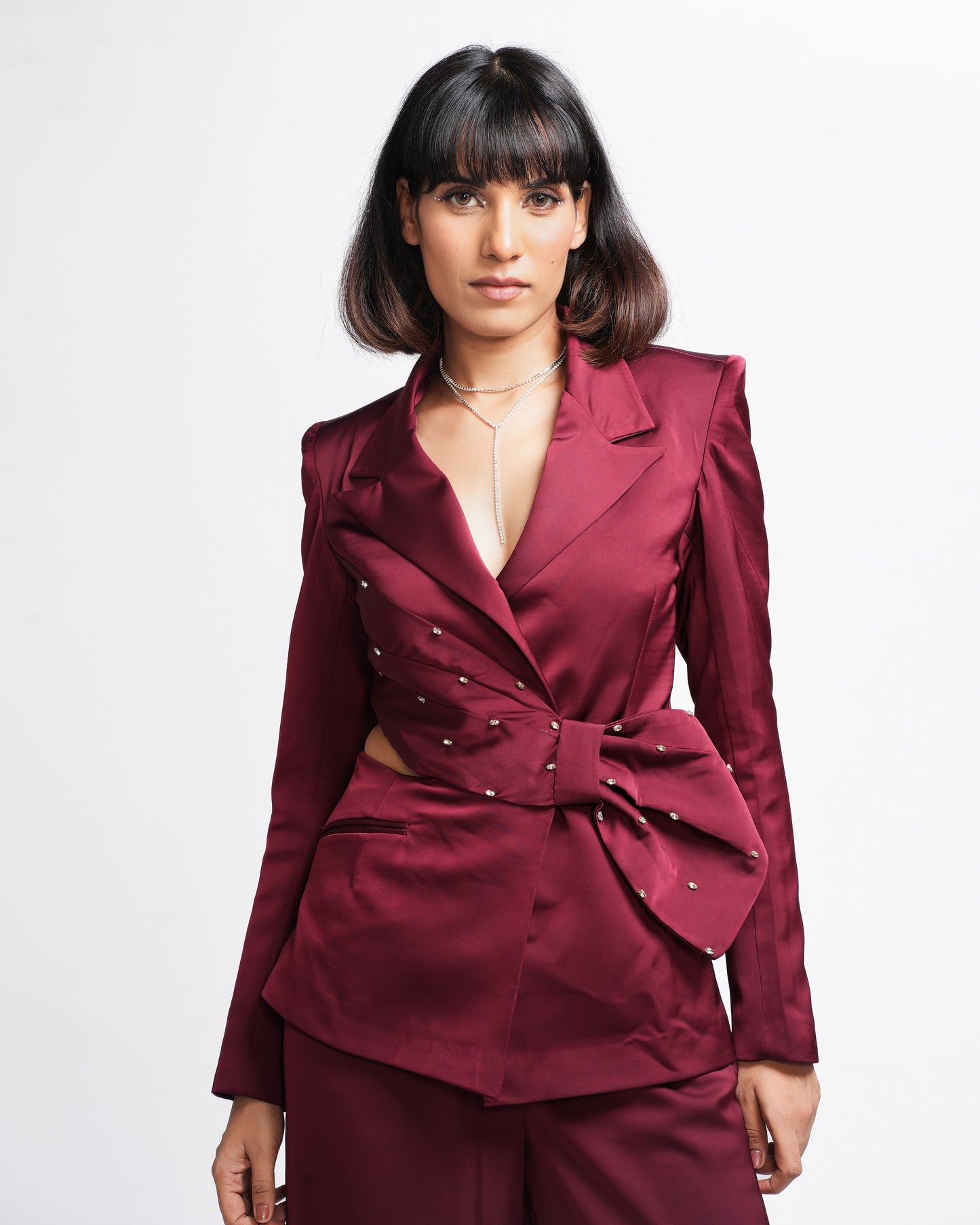 Miranda - Claret Maroon Embellished Coat and Pant Set ( Set of 2 )