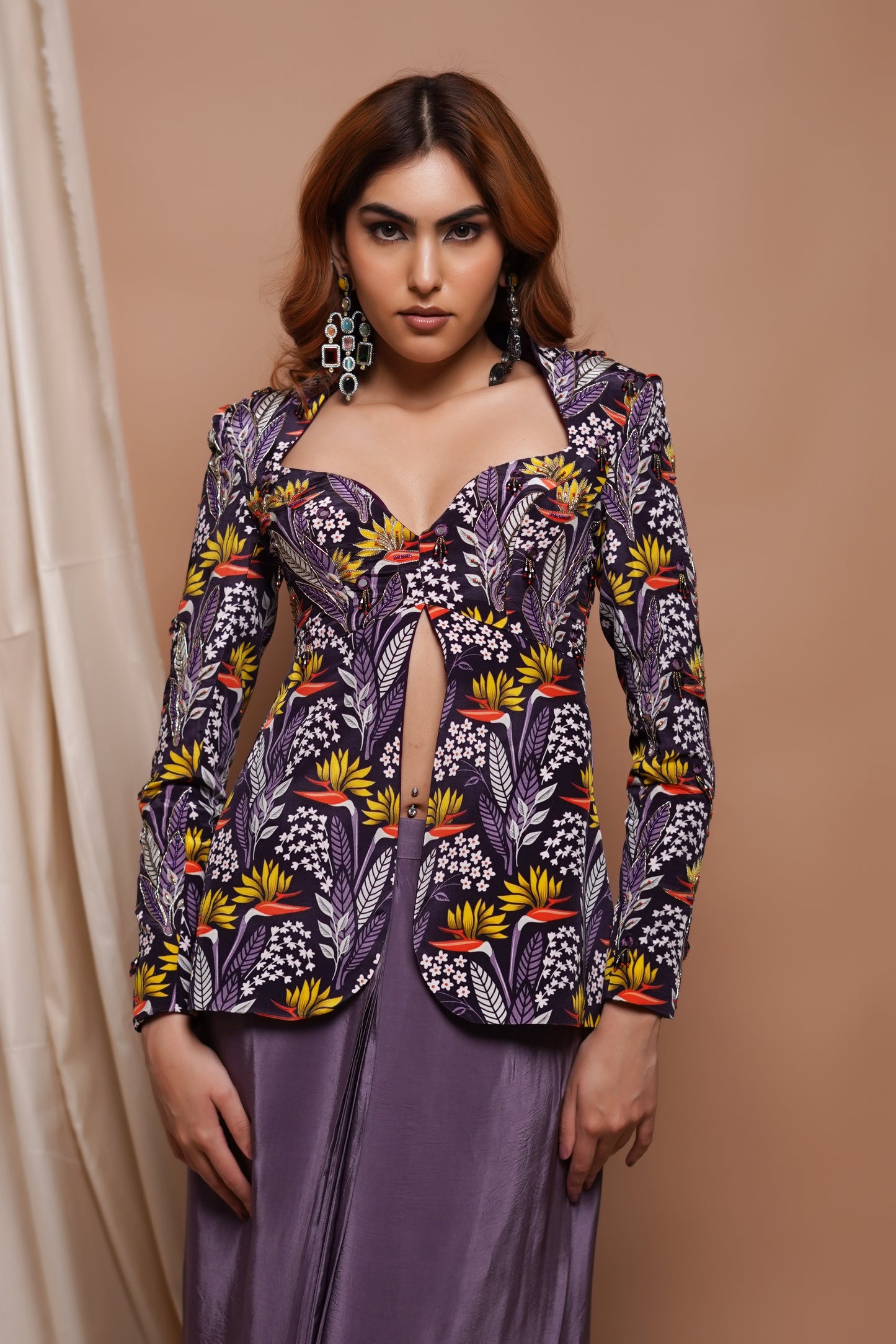 VIOLET DIGITAL PRINTED COAT AND DRAPE SKIRT SET (SET OF 2)