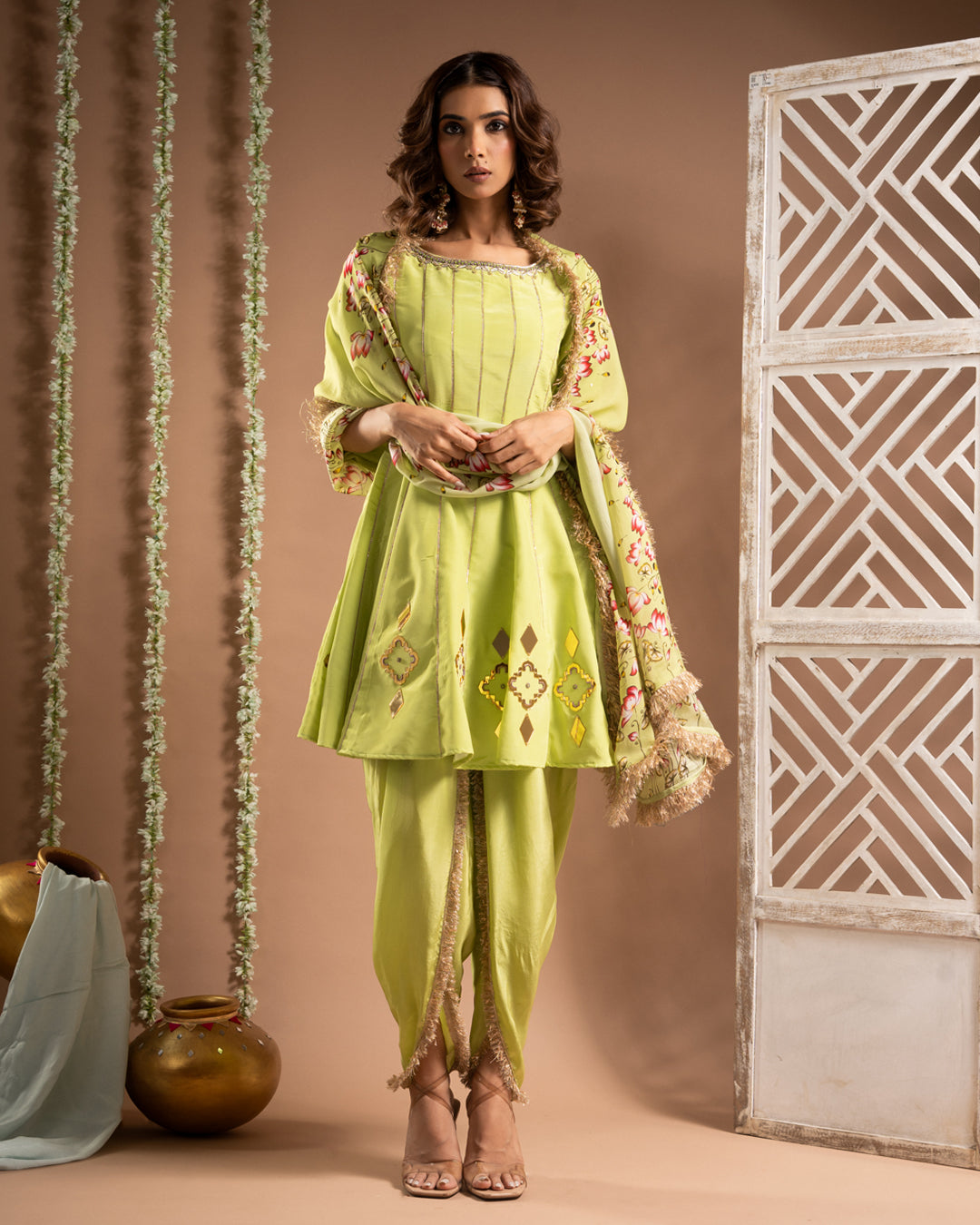 Green Short Anarkali-Tulip Salwar Set (Set of 3)