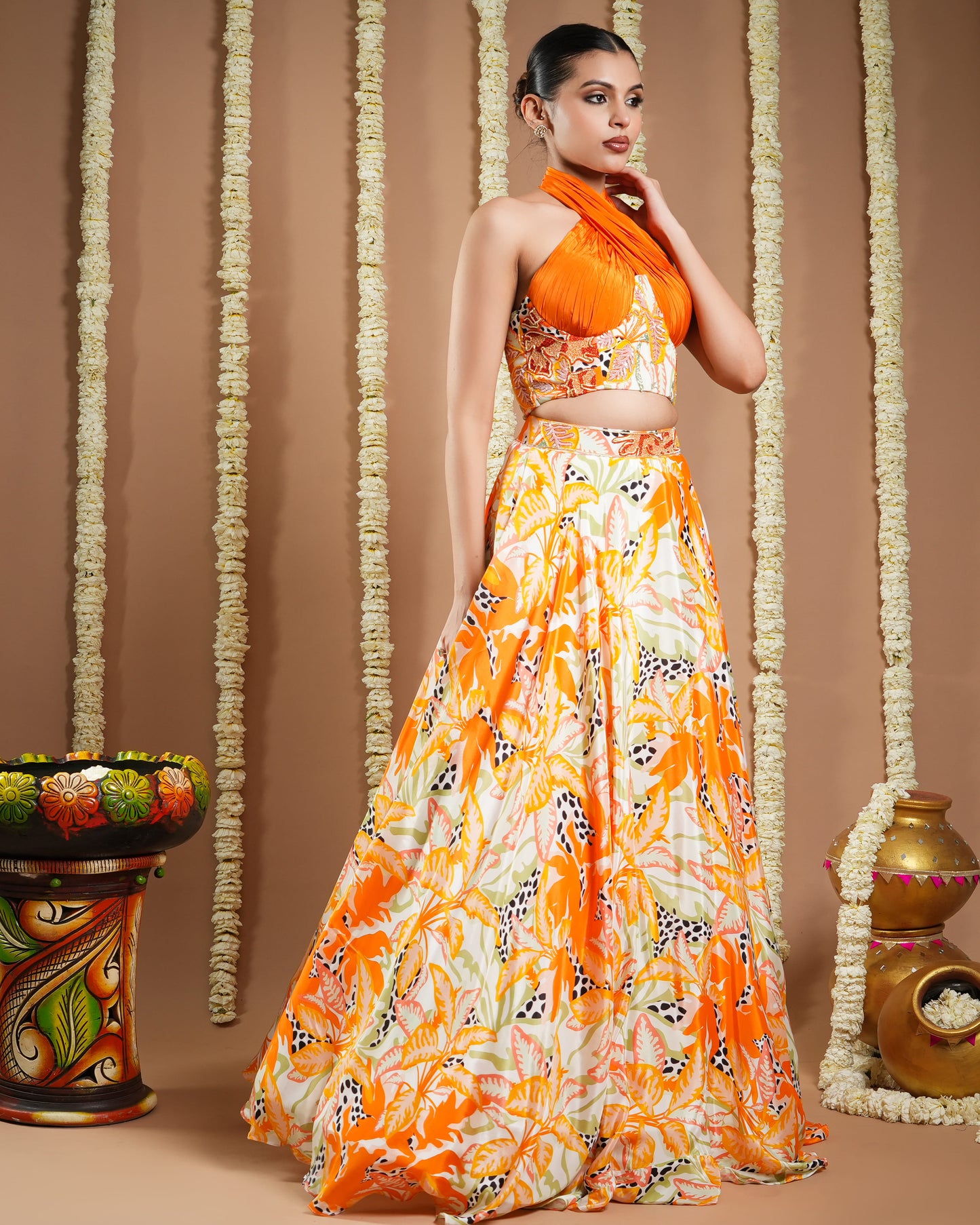 Forest Orange Printed Corset Drape Indo Lehenga Set (Set Of 2)