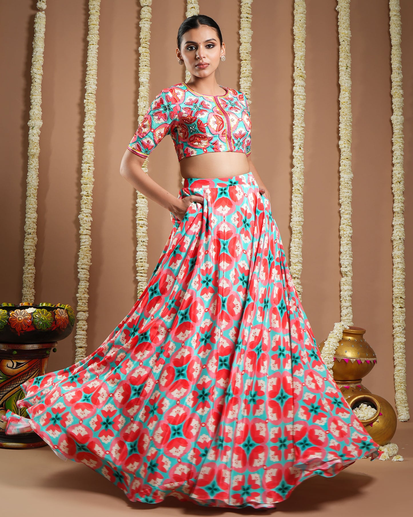 Red Tile Printed Heavy Lehenga Set (Set Of 3)