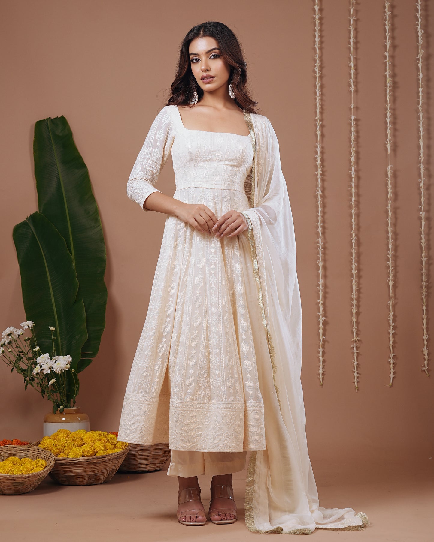 Ivory Chikankari Anarkali Suit Set (Set of 3)