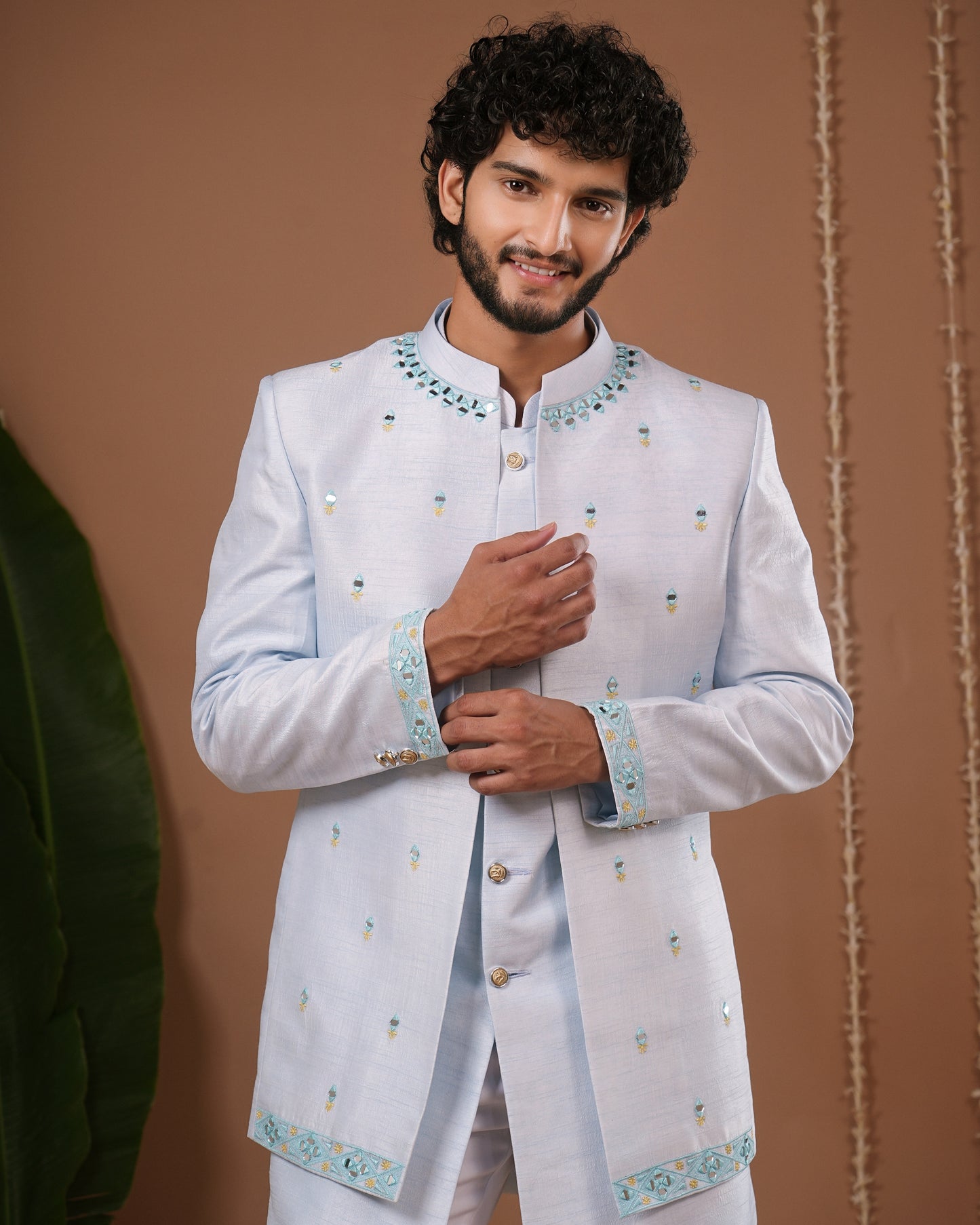 Sky Blue Open Jacket + Jodhpuri Indo Set (Set of 3)