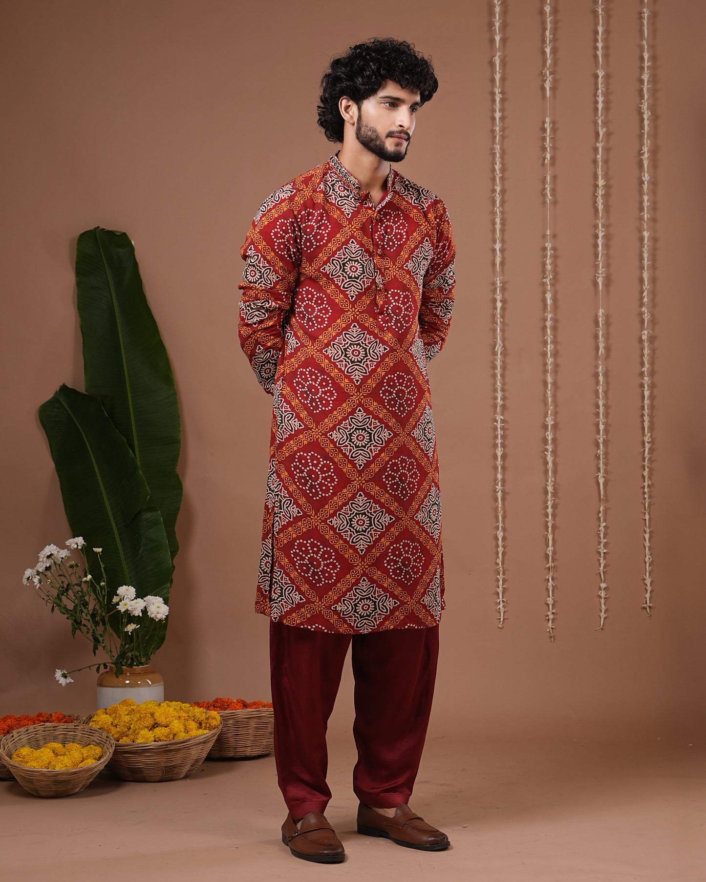 Red-Maroon Bandhani Kurta + Salwar Set (Set of 2)