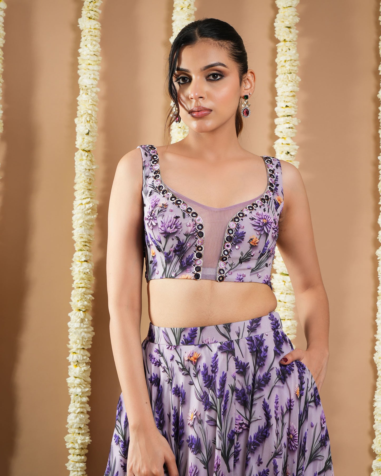 Violet-Lilac Printed Indo Lehenga Set (Set Of 2)