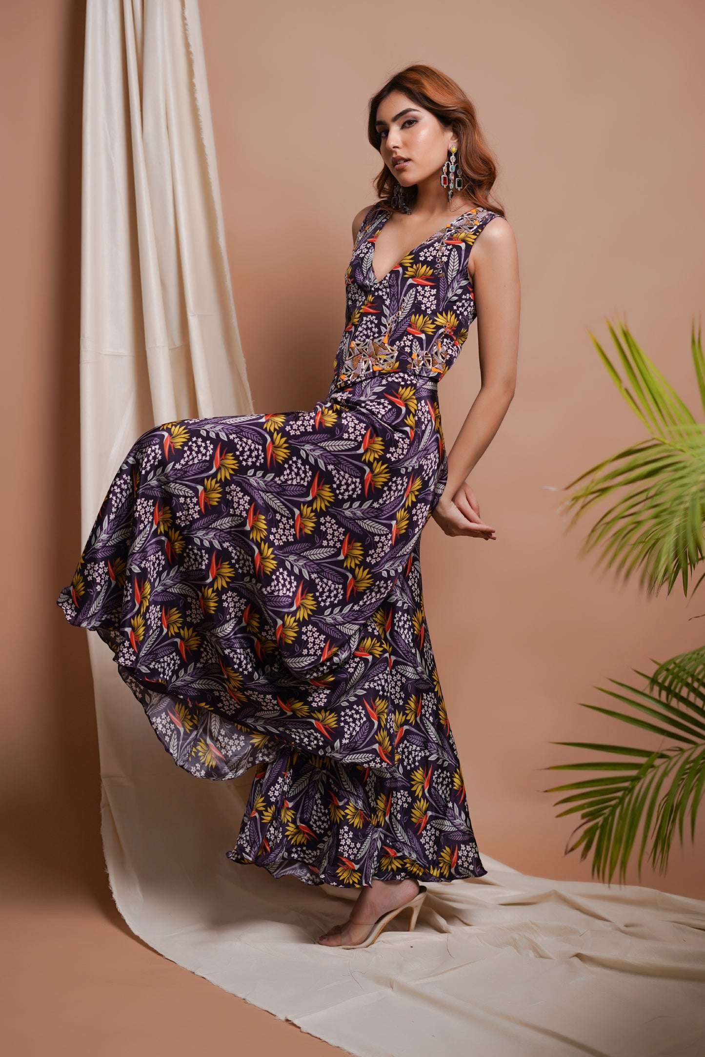 VIOLET PRINTED VEST COAT AND PANT/PALAZZO SET (SET OF 2)