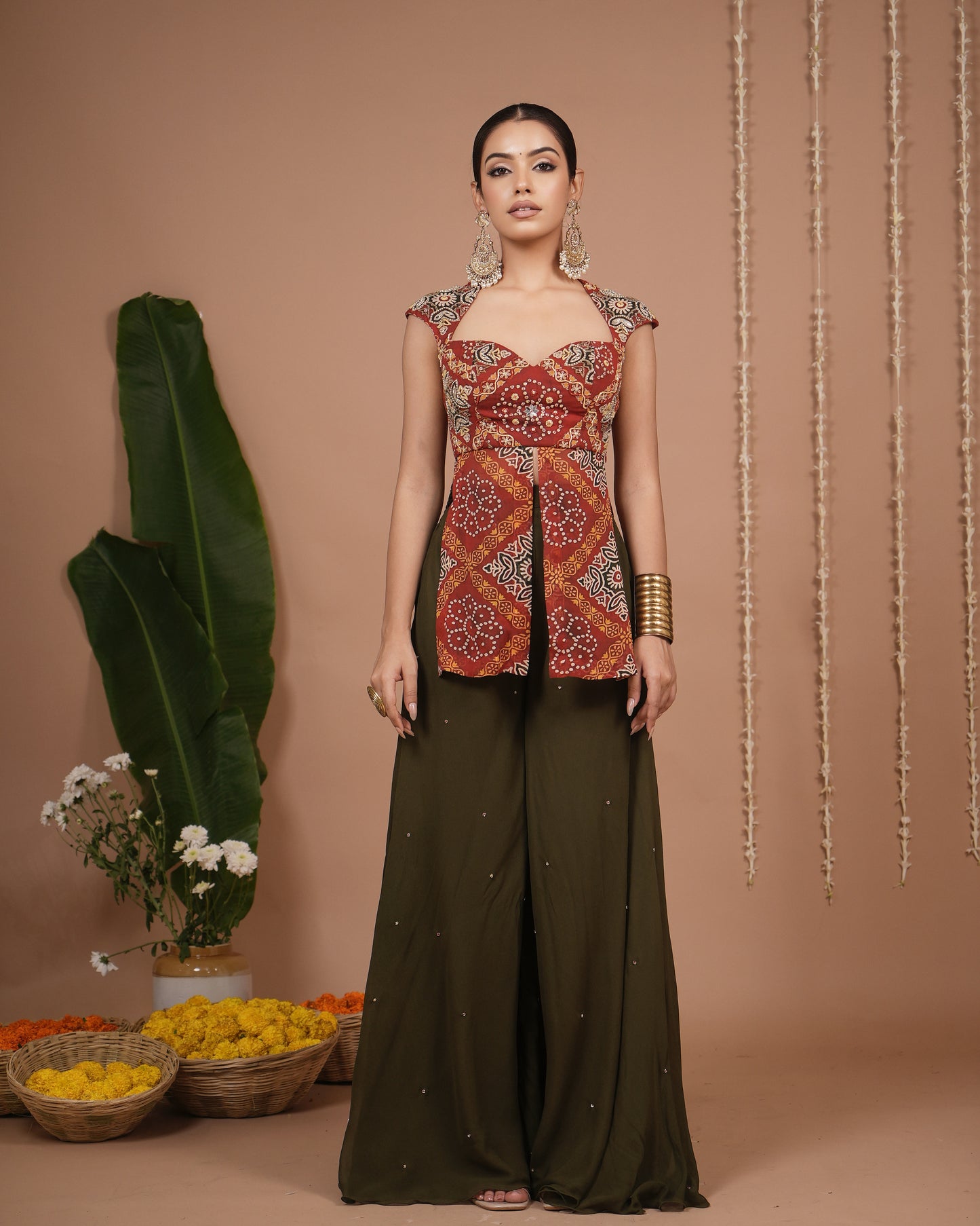 Red Bandhani Printed Kurti Palazzo Set (Set of 3)