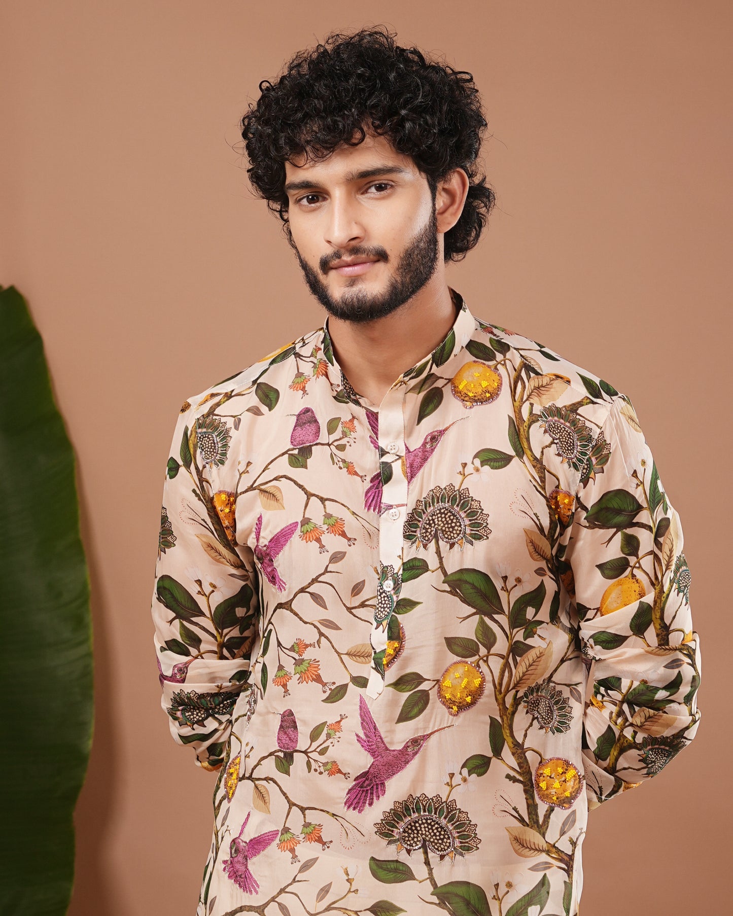 Cream Lemon Printed Organza Kurta + Pant Set (Set of 2)